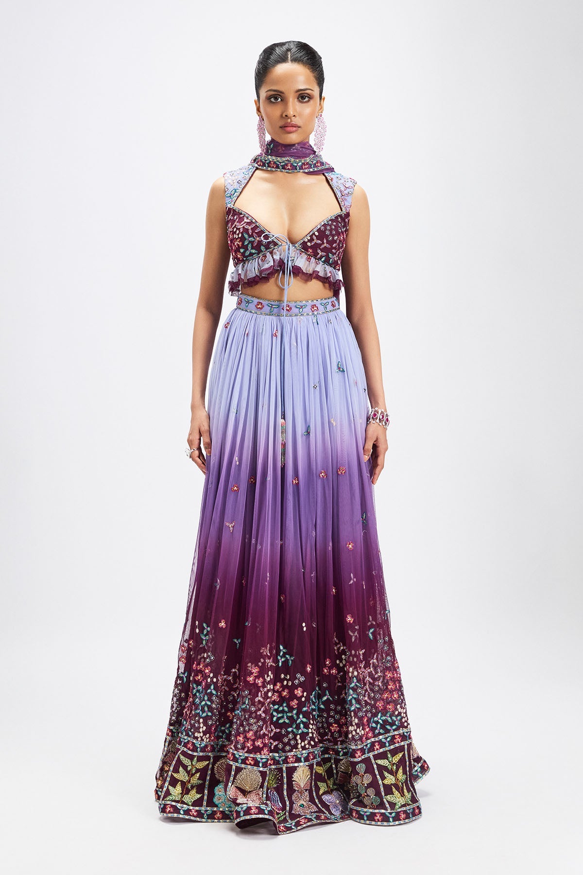 Amétrine - Plum- Dusk Blue Tulle Net Lehenga Set