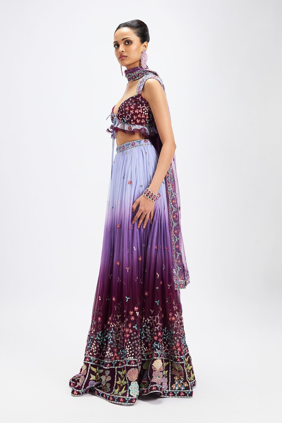 Amétrine - Plum- Dusk Blue Tulle Net Lehenga Set