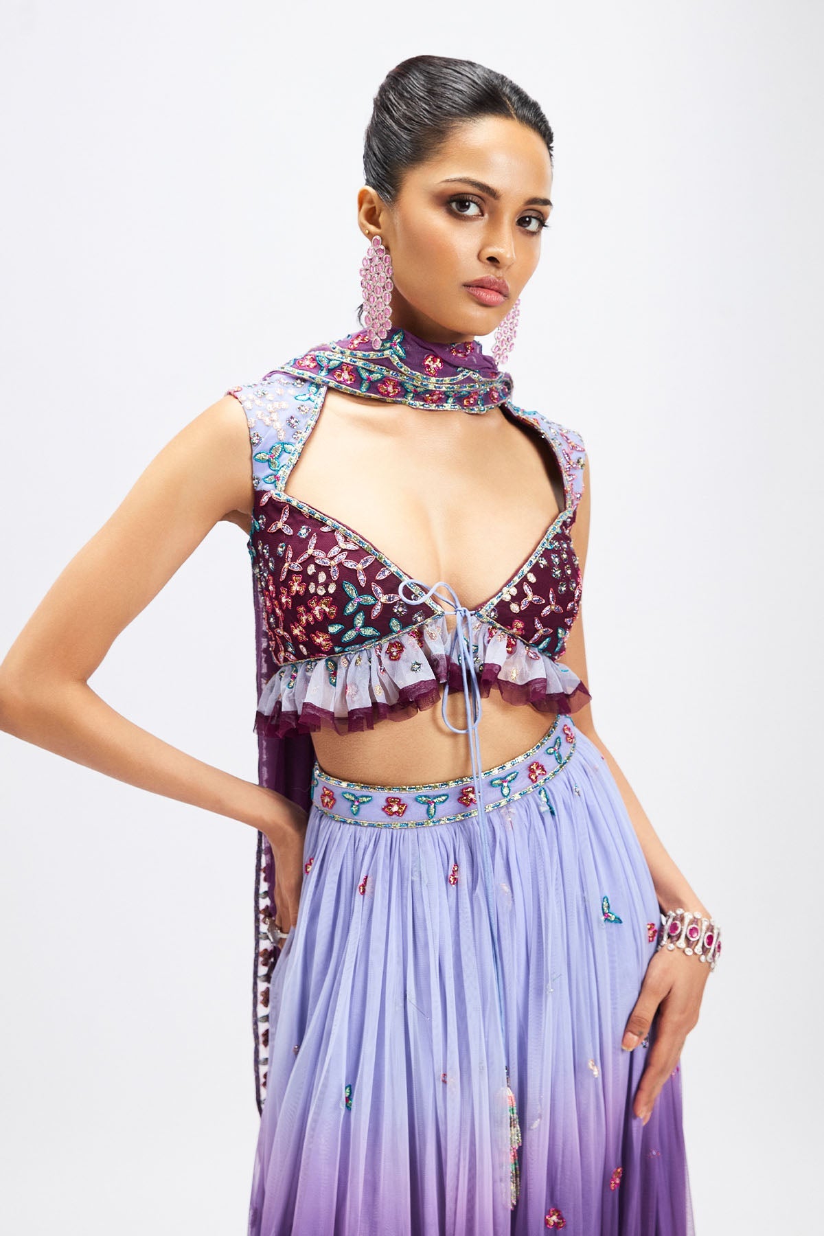 Amétrine - Plum- Dusk Blue Tulle Net Lehenga Set
