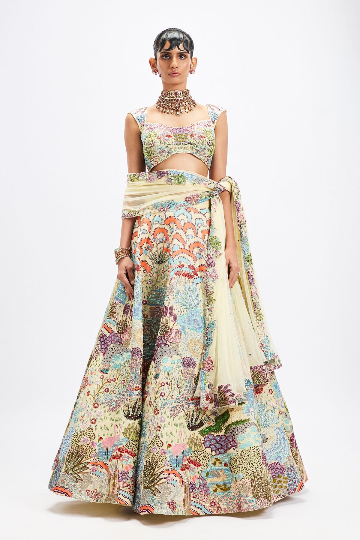 Belleau - Ivory Kasab Satin Lehenga Set