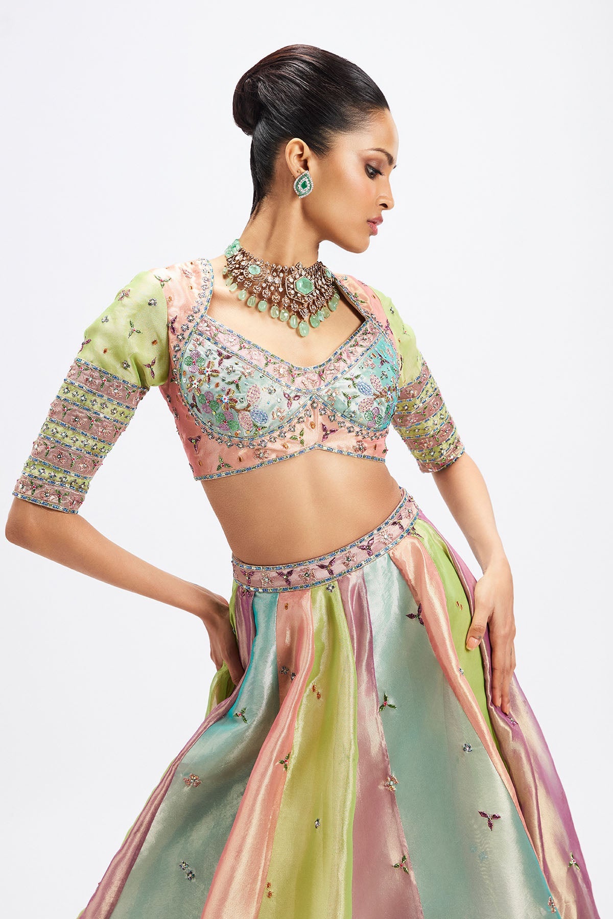 Camélia - Pop Multicoloured Tissue Lehenga Set