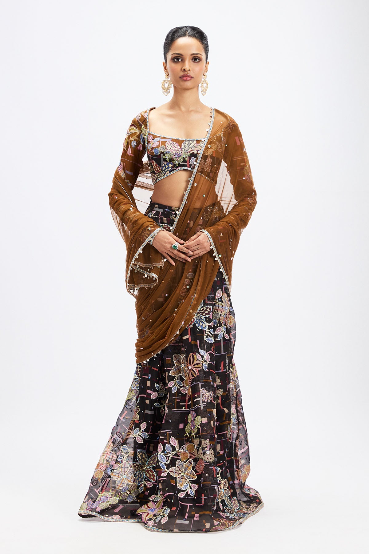 Sépia - Coffee Black Organza Saree Set
