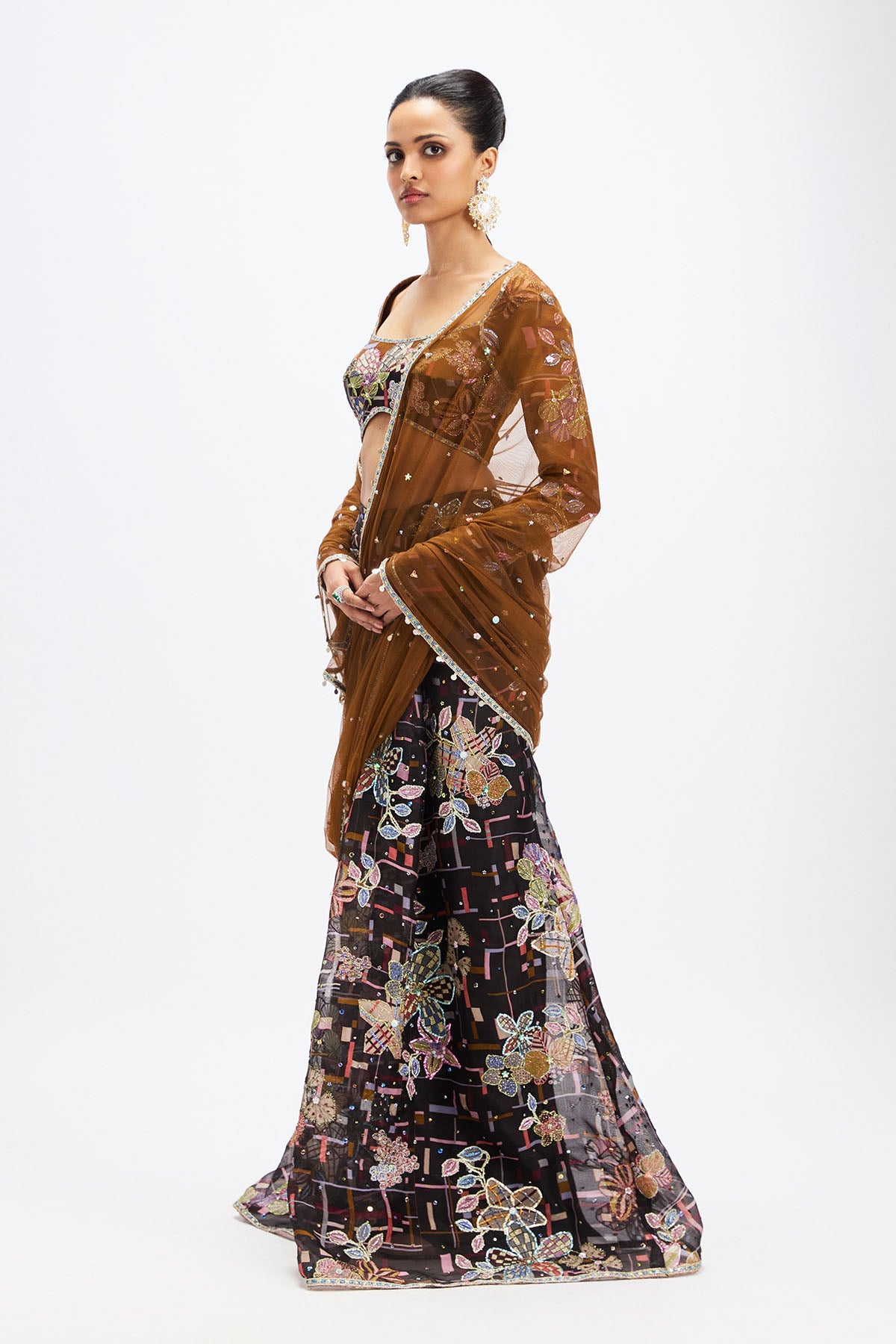 Sépia - Coffee Black Organza Saree Set