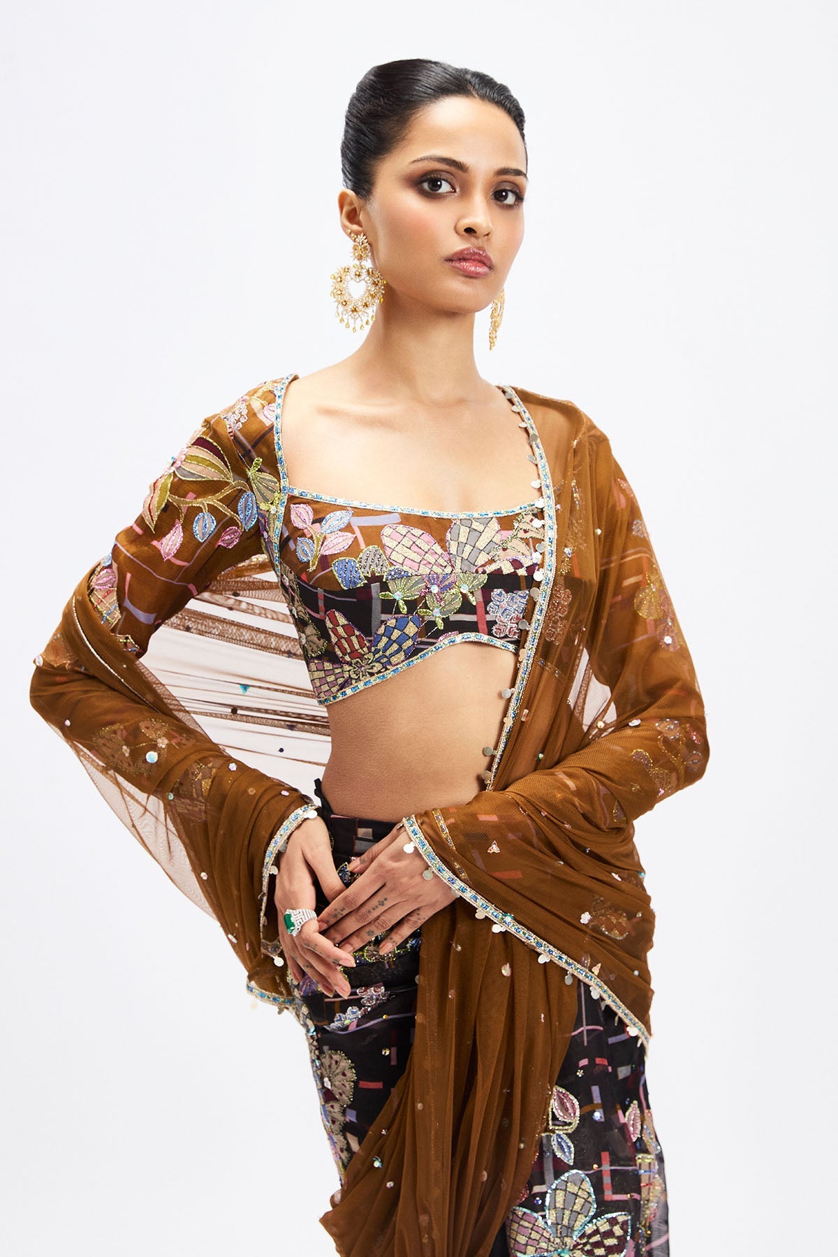 Sépia - Coffee Black Organza Saree Set