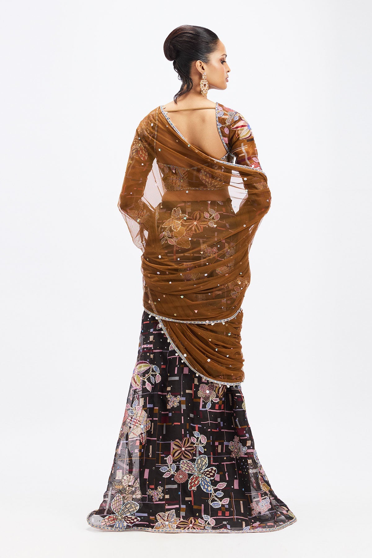 Sépia - Coffee Black Organza Saree Set