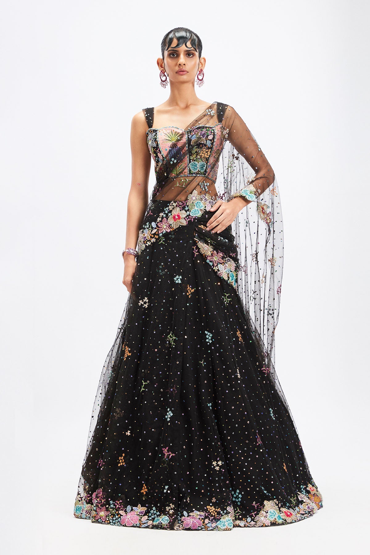 Delphinia - Black Tulle Net Saree Set