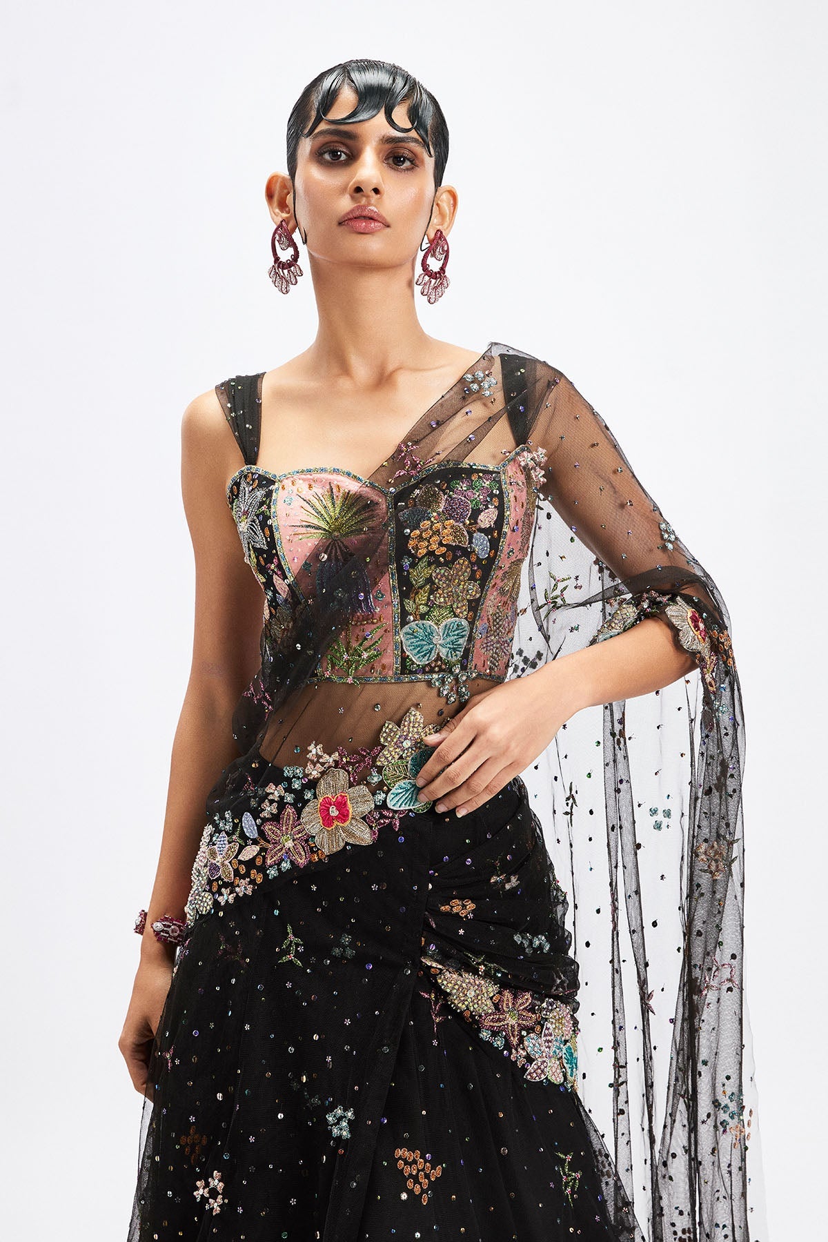 Delphinia - Black Tulle Net Saree Set