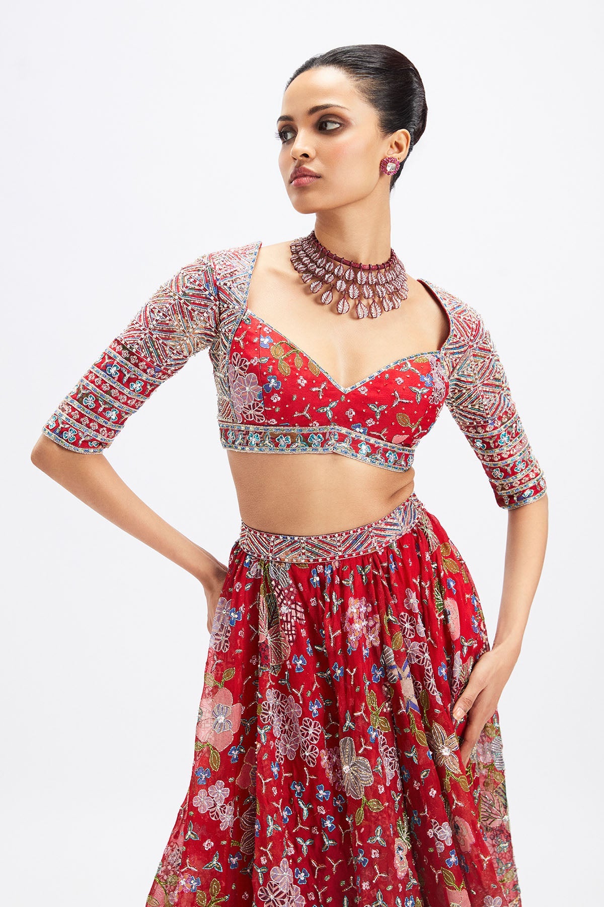 Rubisette - Red Organza Lehenga Set