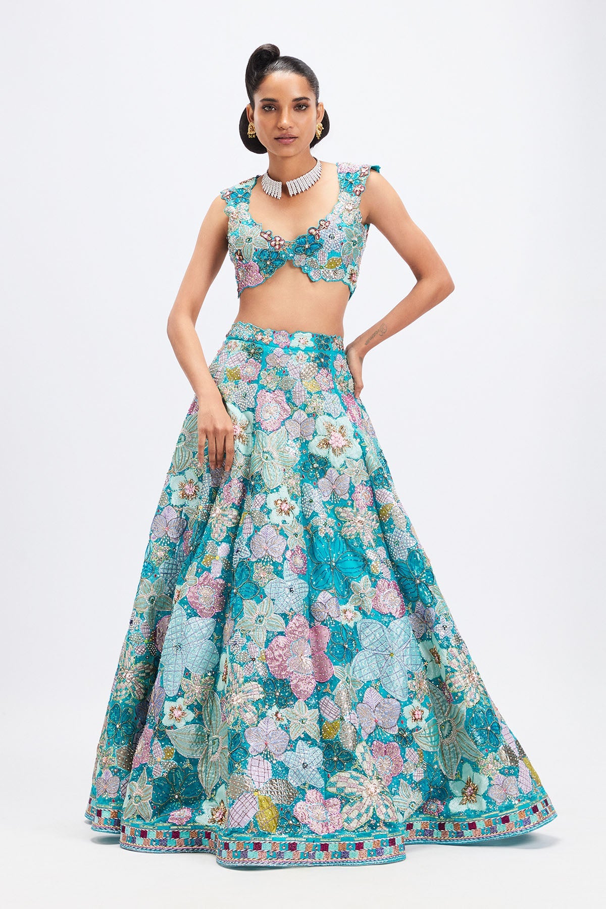 Sharvari In Cyanora - Cyan Blue Tulle Net Big Flower Lehenga Set