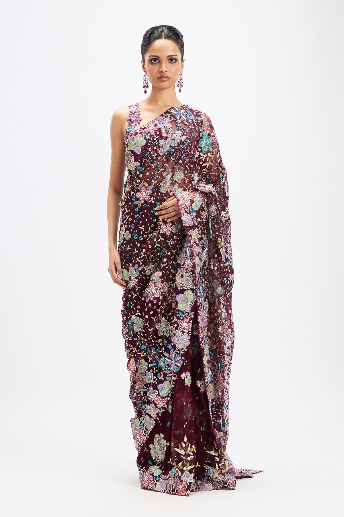 Sharvari In Noira - Plum Tulle Net Saree Set