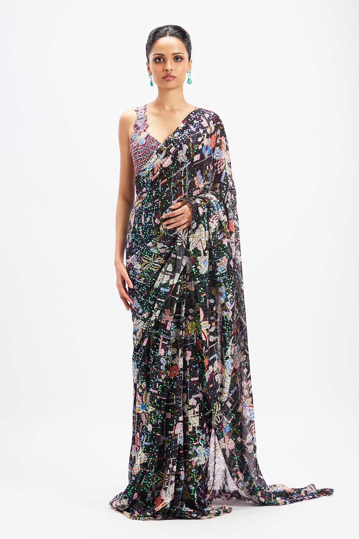 Noctura - Black- Plum Sequin Tulle Saree Set