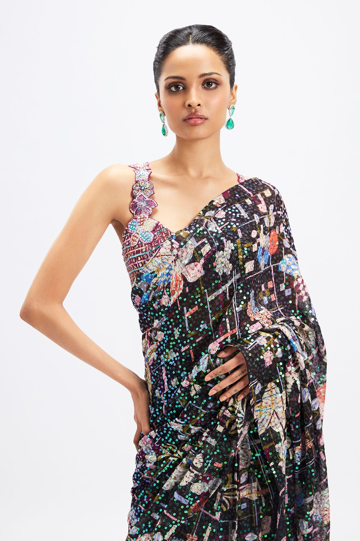 Noctura - Black- Plum Sequin Tulle Saree Set