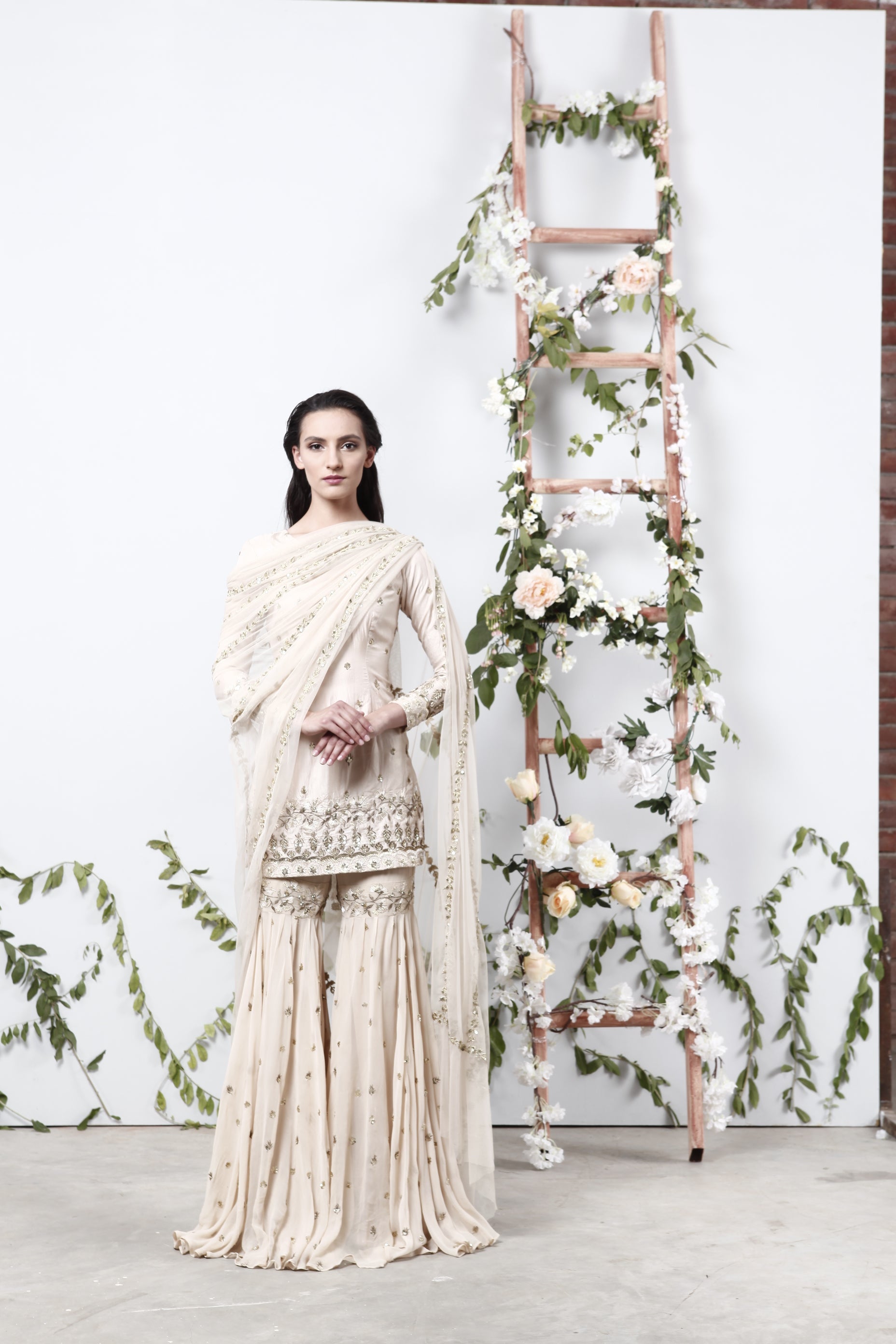 Cream Silk Kurta With Garara