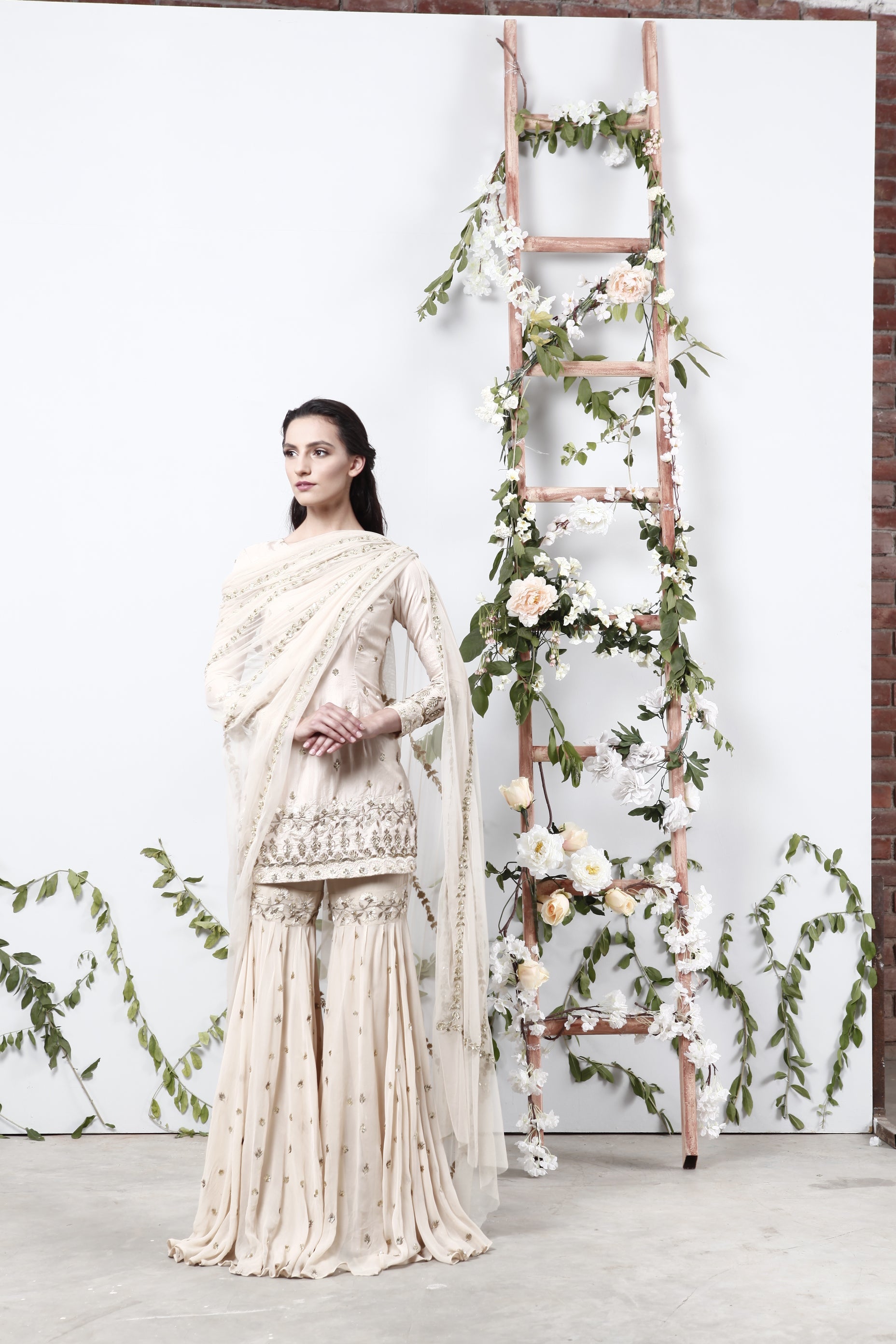 Cream Silk Kurta With Garara