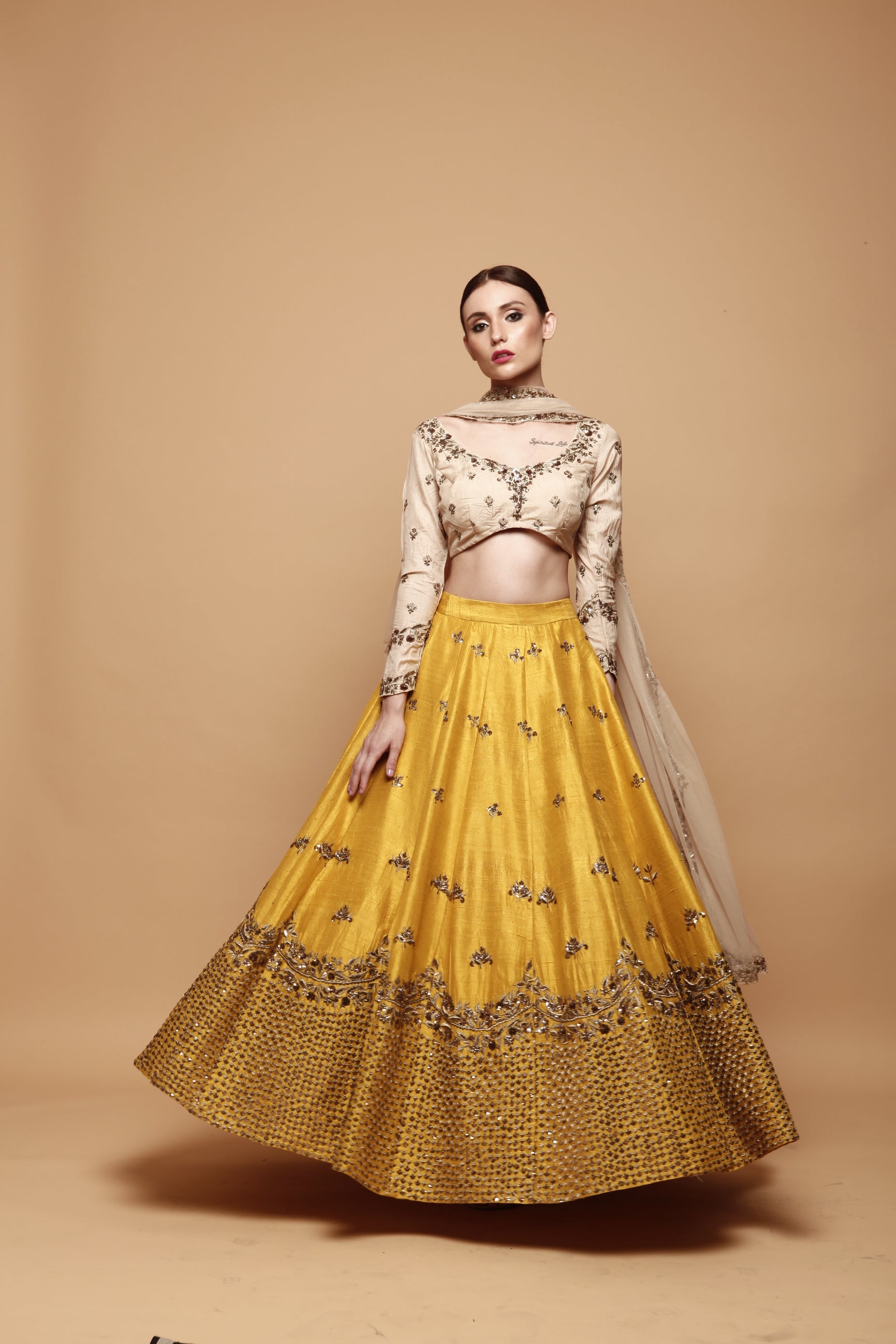 Mustard Yellow Lehenga With Cream Choli