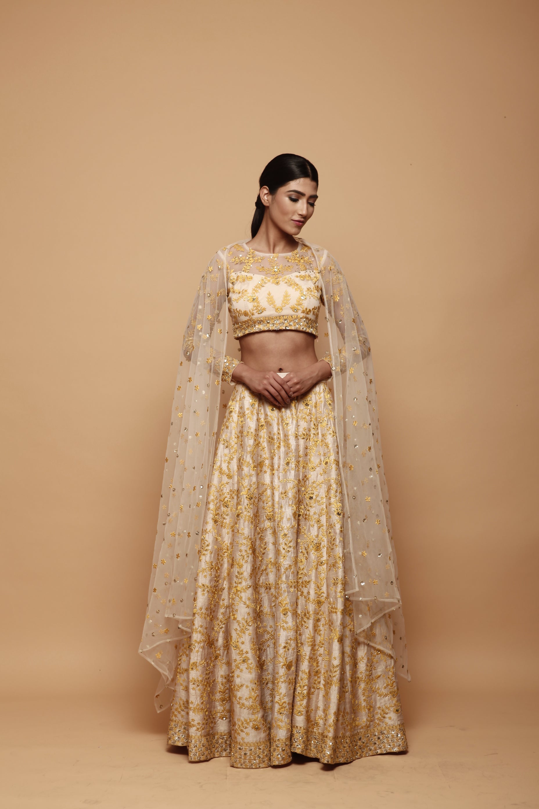 Off White With Mustard Thread Work Lehenga Set