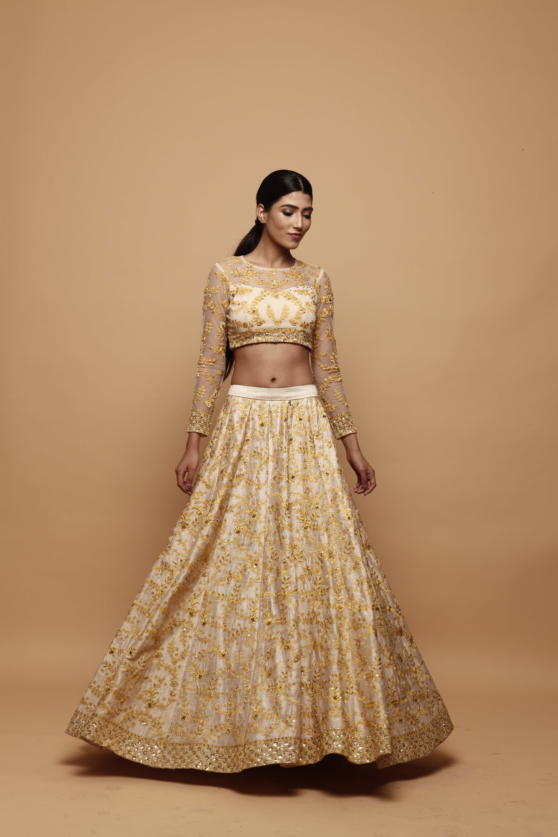 Off White With Mustard Thread Work Lehenga Set