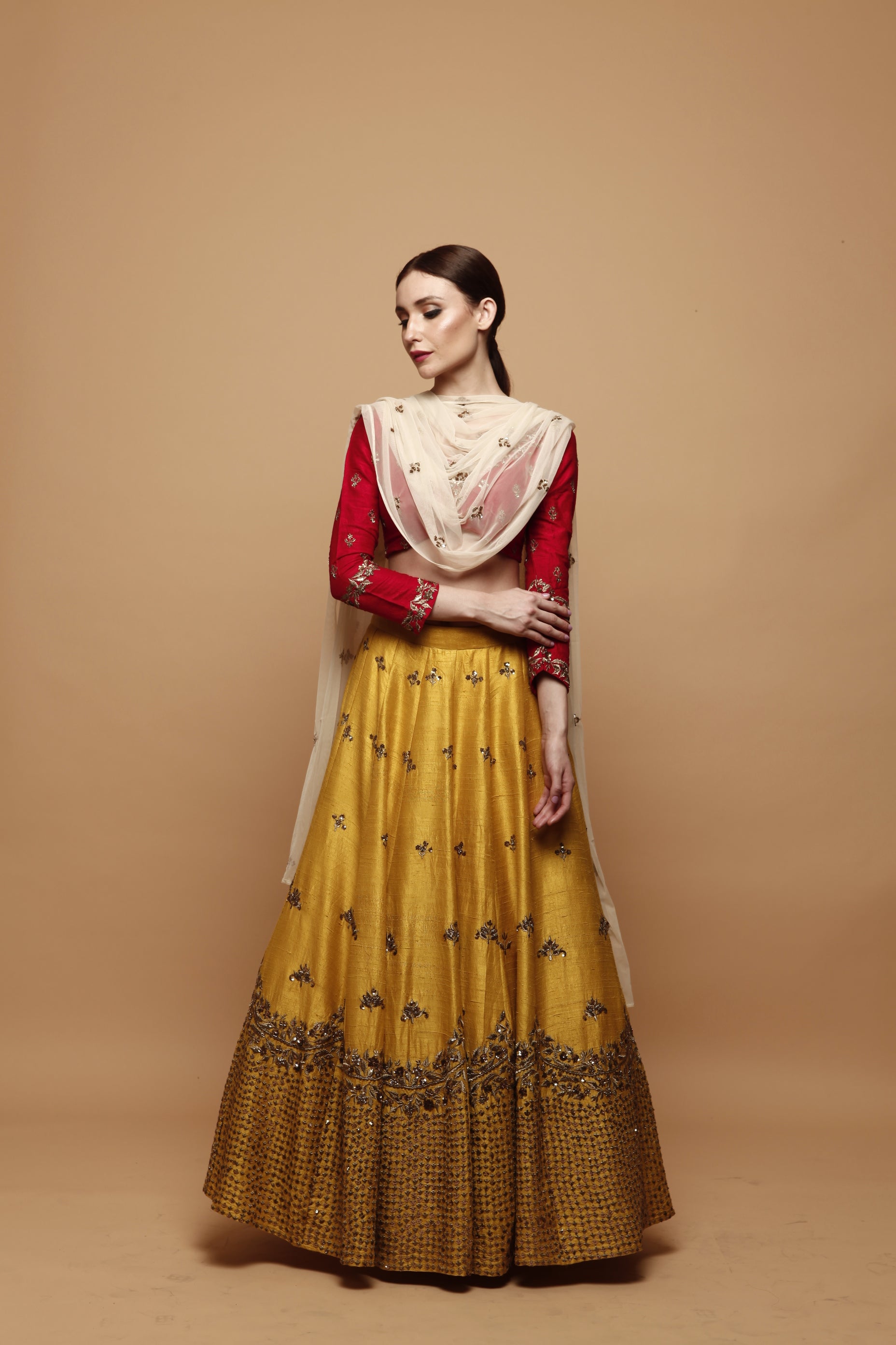 Mustard Yellow Lehenga With Red Blouse
