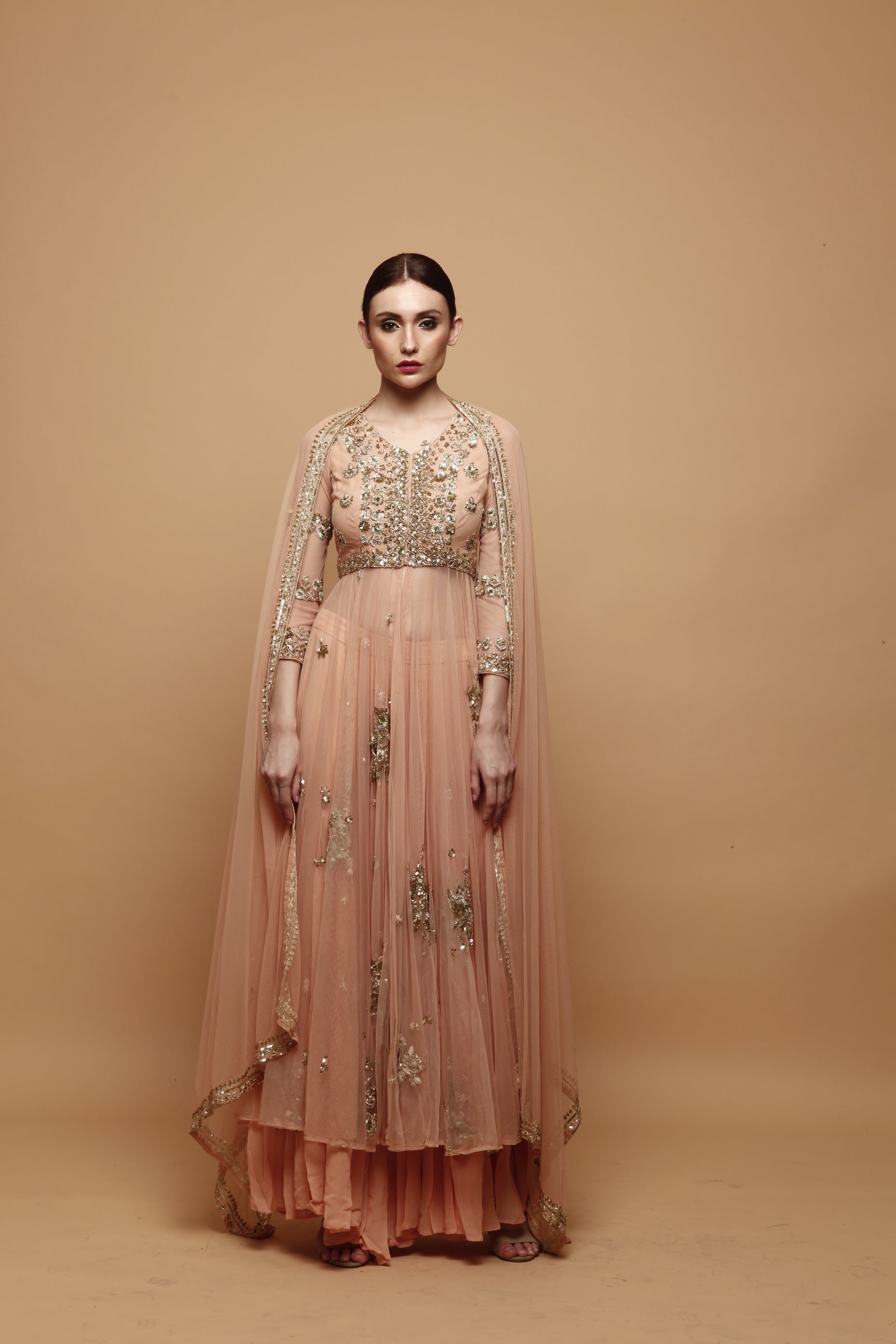 Peach Front Open Jacket And Sharara