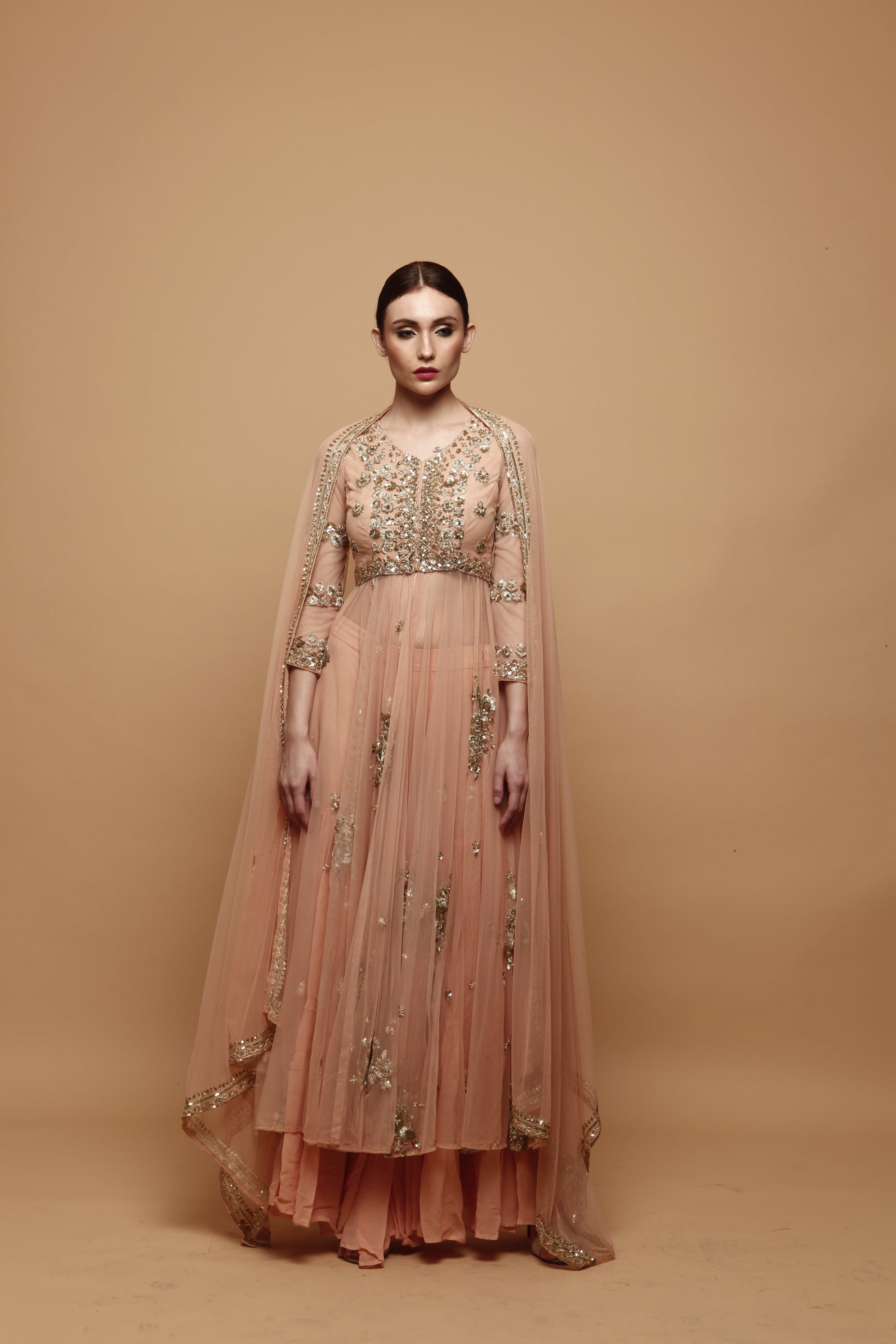 Peach Front Open Jacket And Sharara