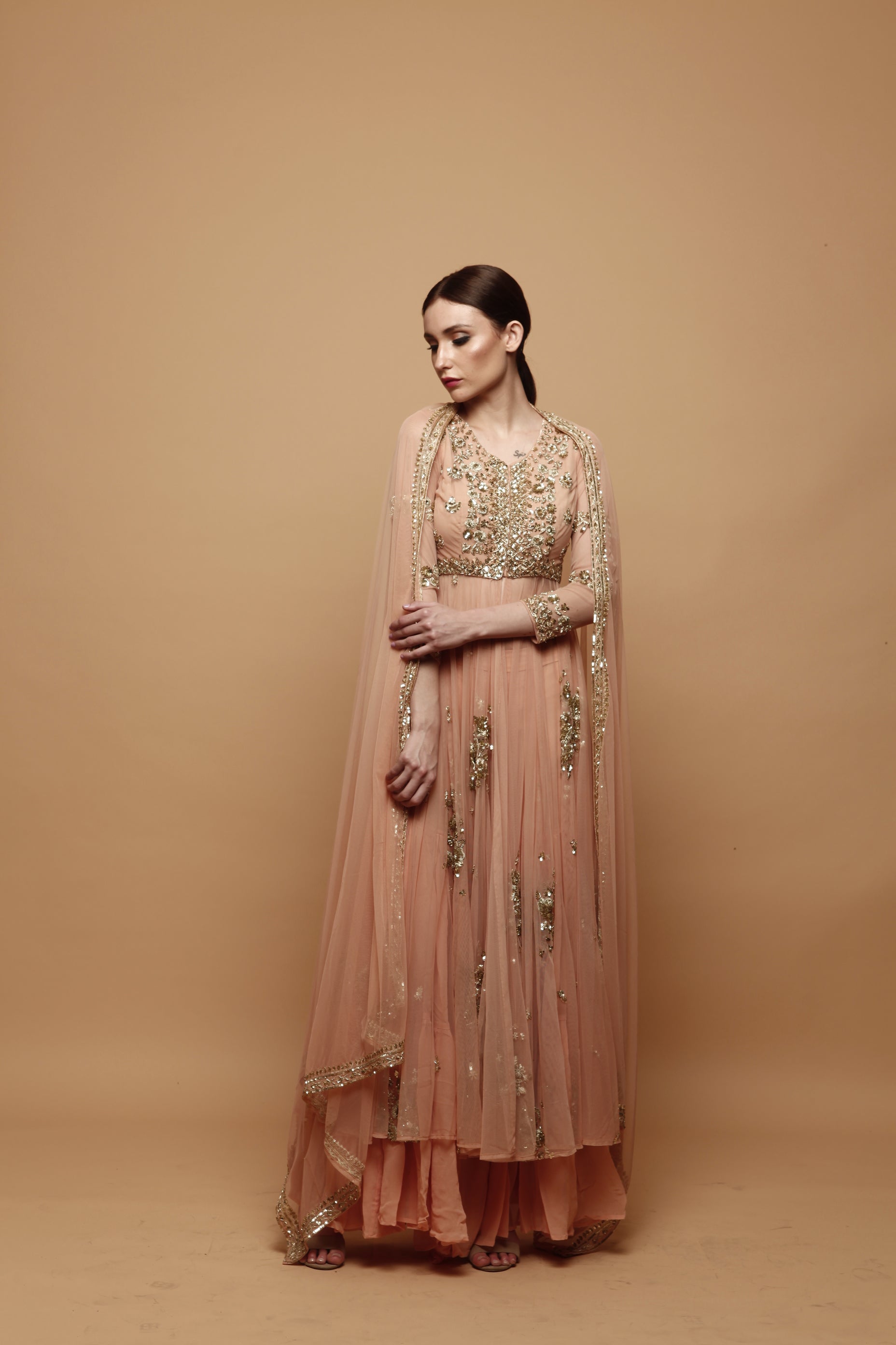 Peach Front Open Jacket And Sharara