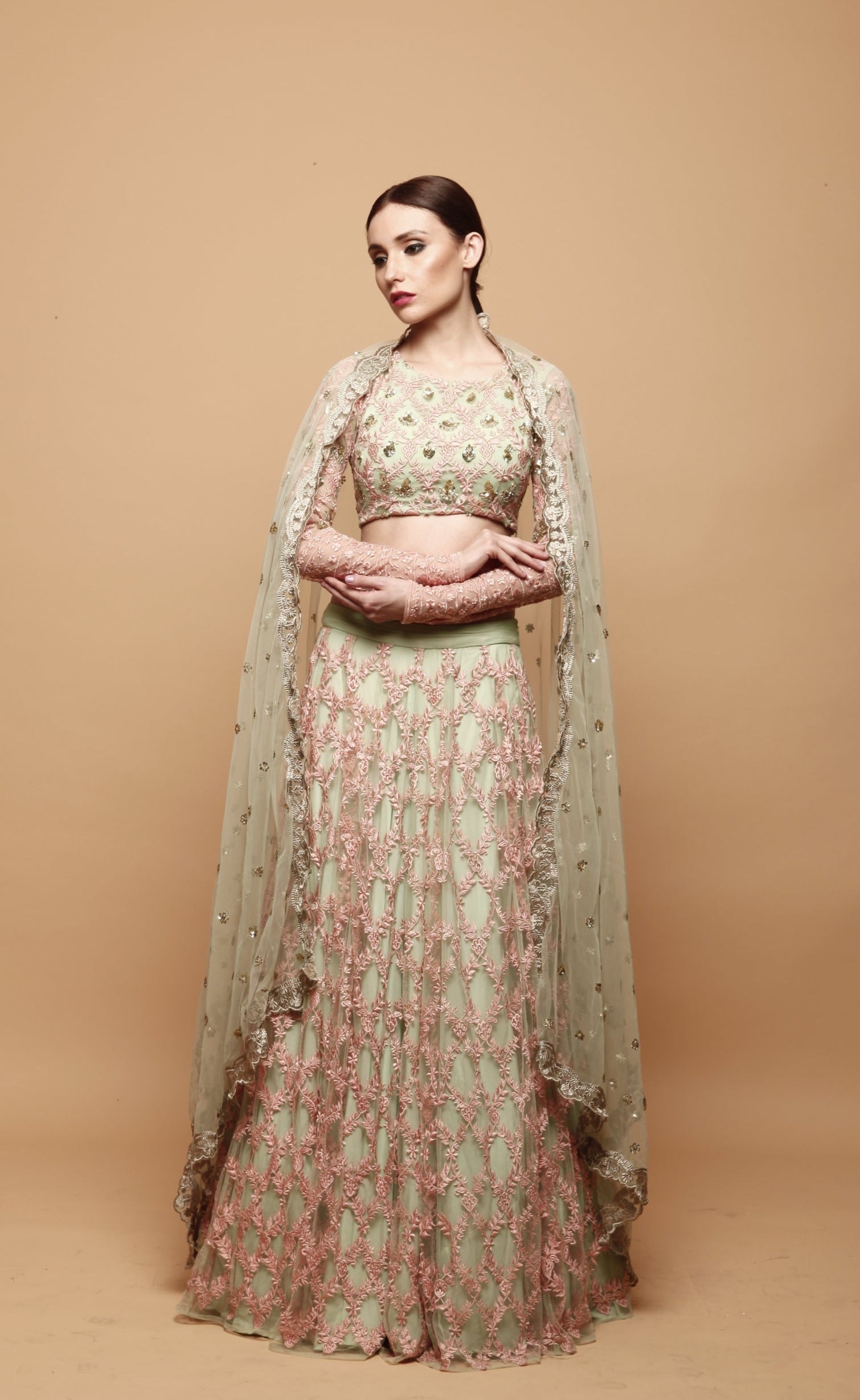 Green Lehenga With Pink Threadwork