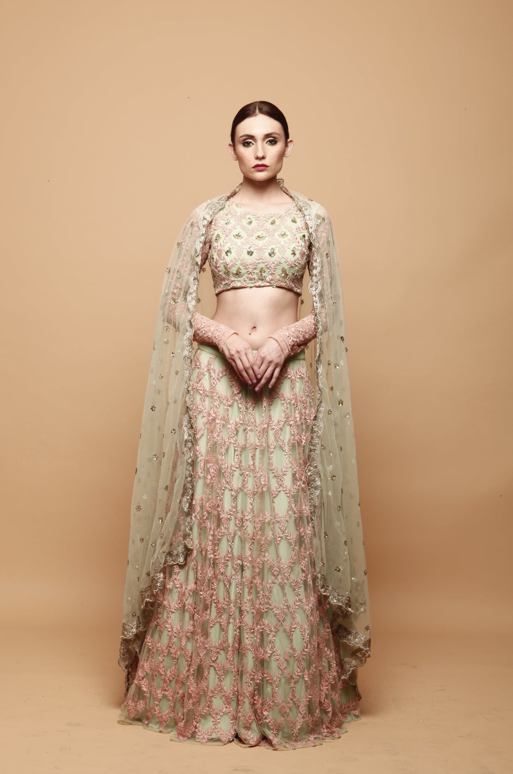 Green Lehenga With Pink Threadwork