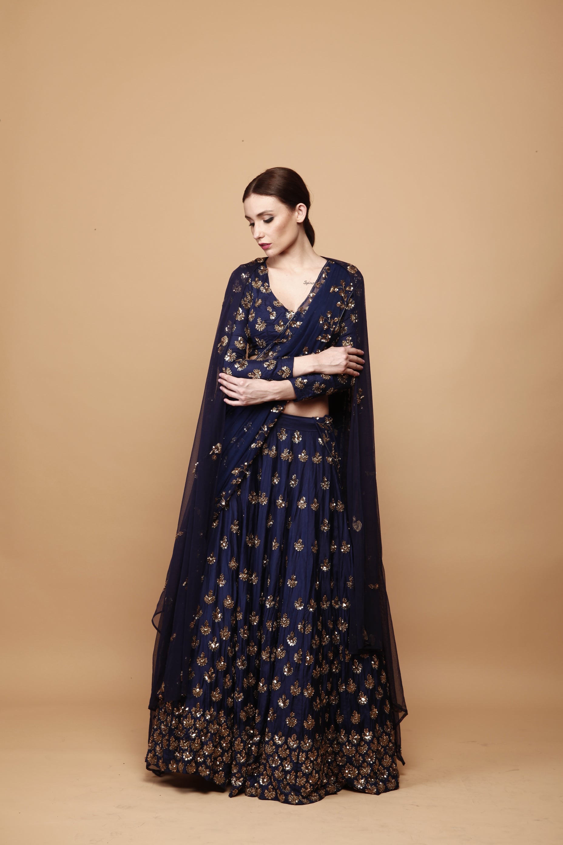 Navy Blue Embroidery Booti Lehenga Set