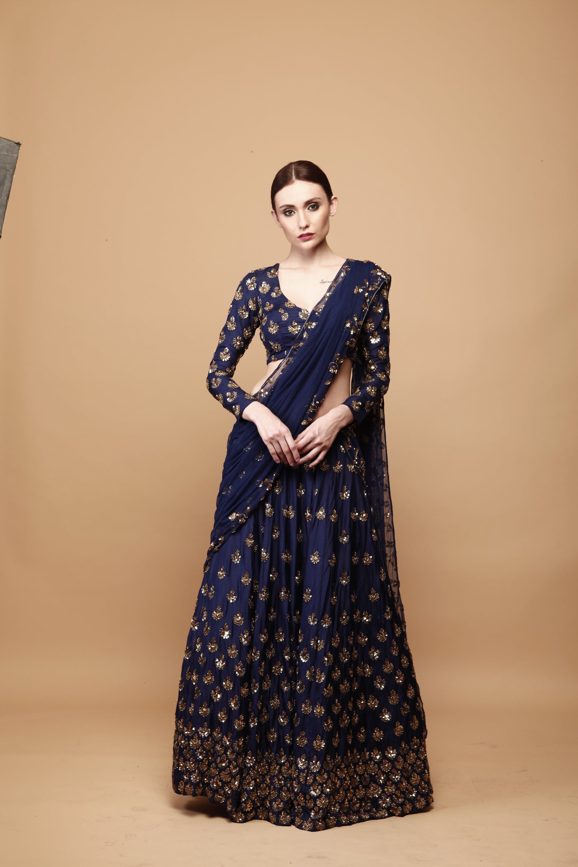 Navy Blue Embroidery Booti Lehenga Set