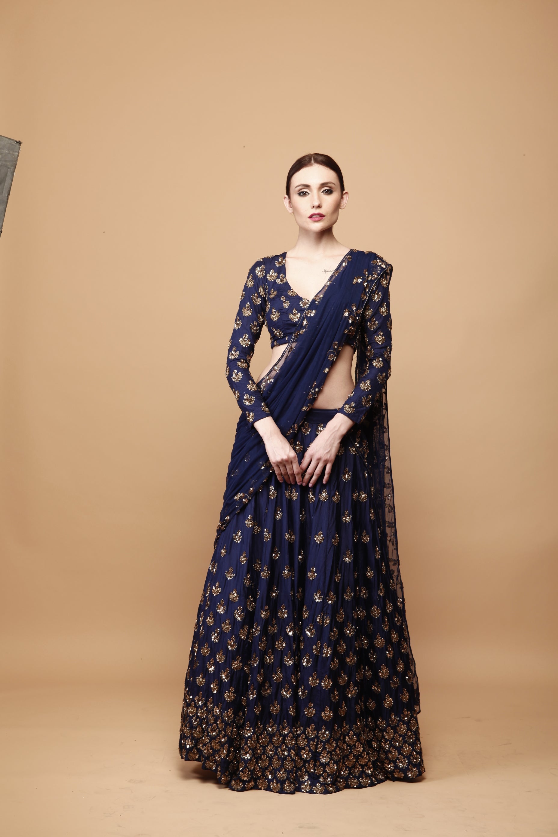 Navy Blue Embroidery Booti Lehenga Set