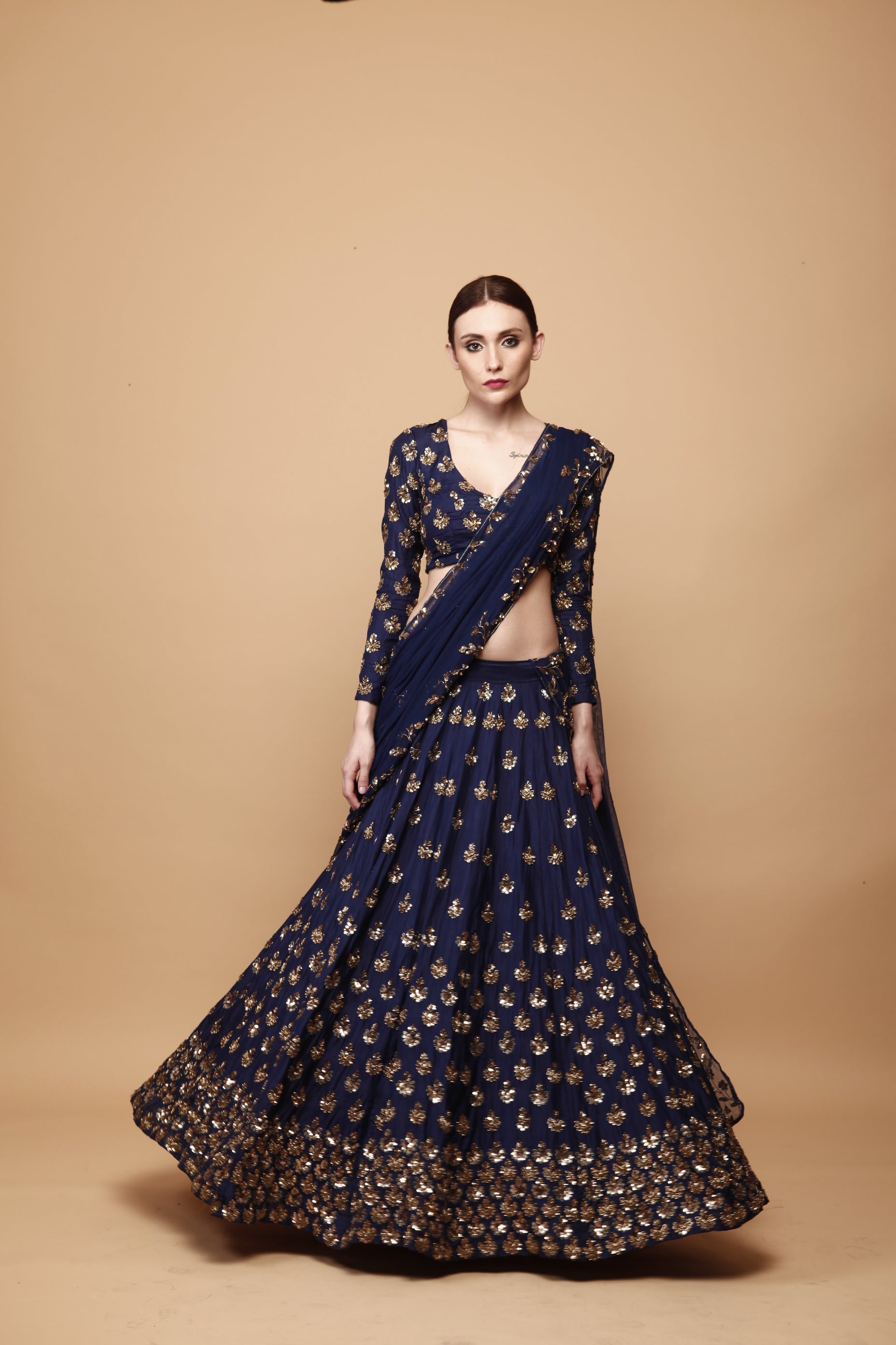 Navy Blue Embroidery Booti Lehenga Set