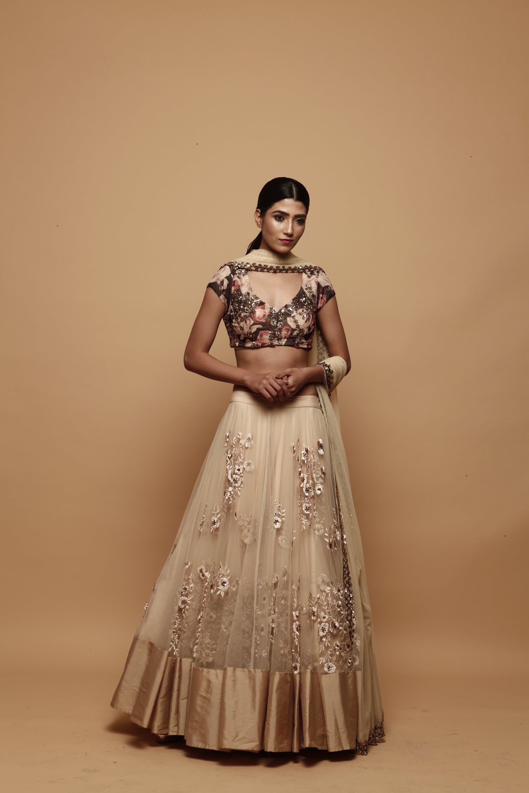 Off White Thread Lehenga With Floral Print Choli