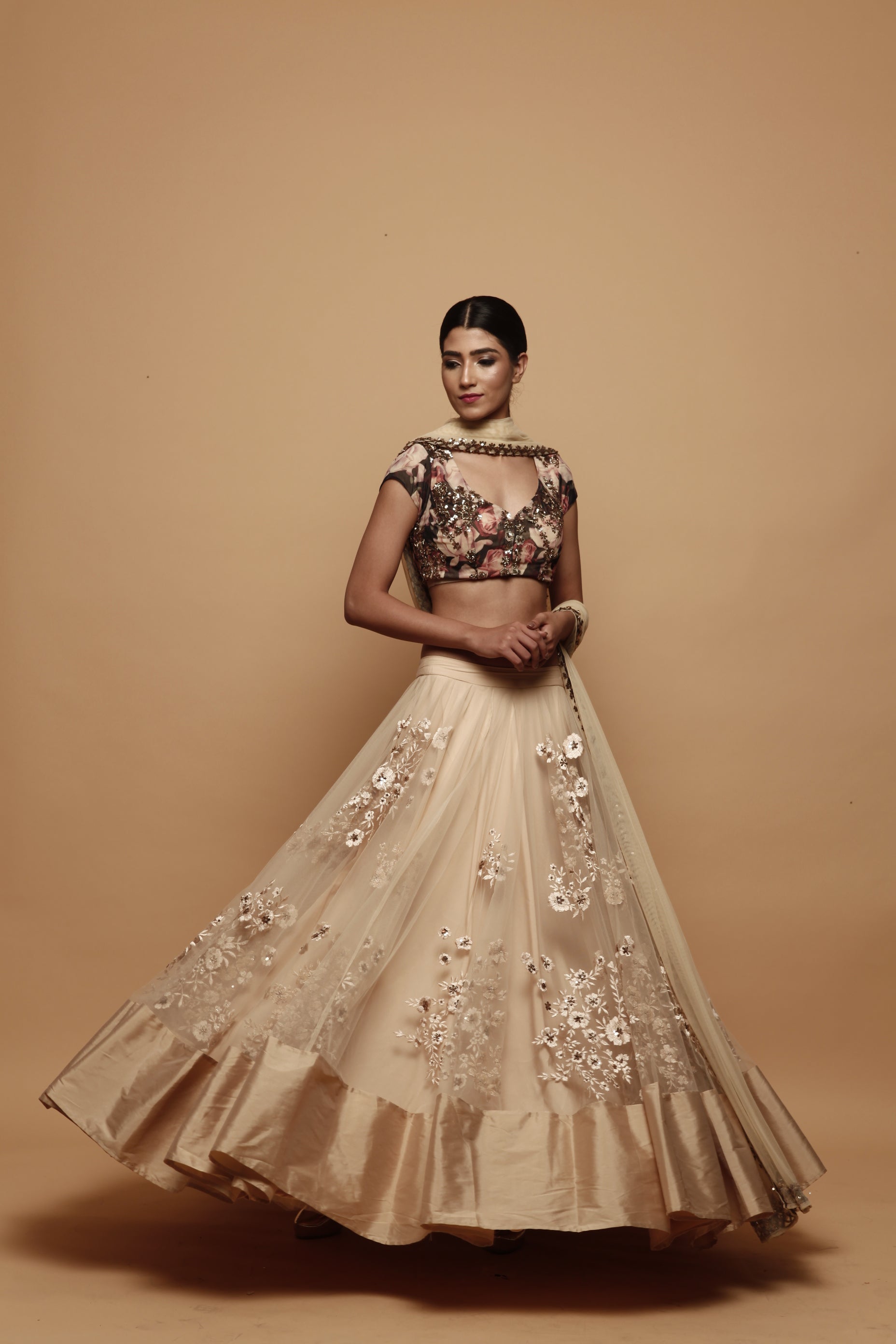 Off White Thread Lehenga With Floral Print Choli
