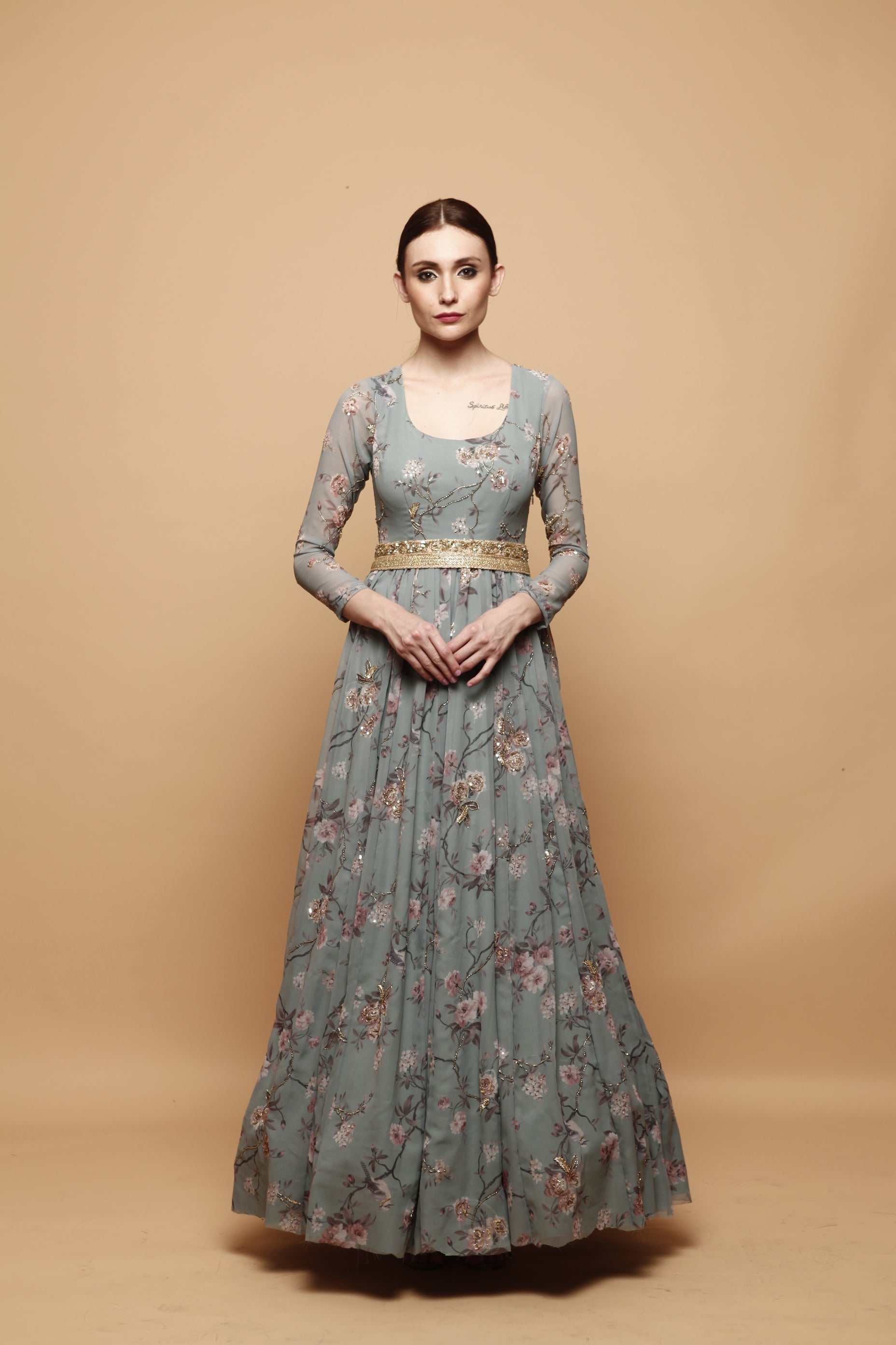 Blue Floral Print Anarkali Gown