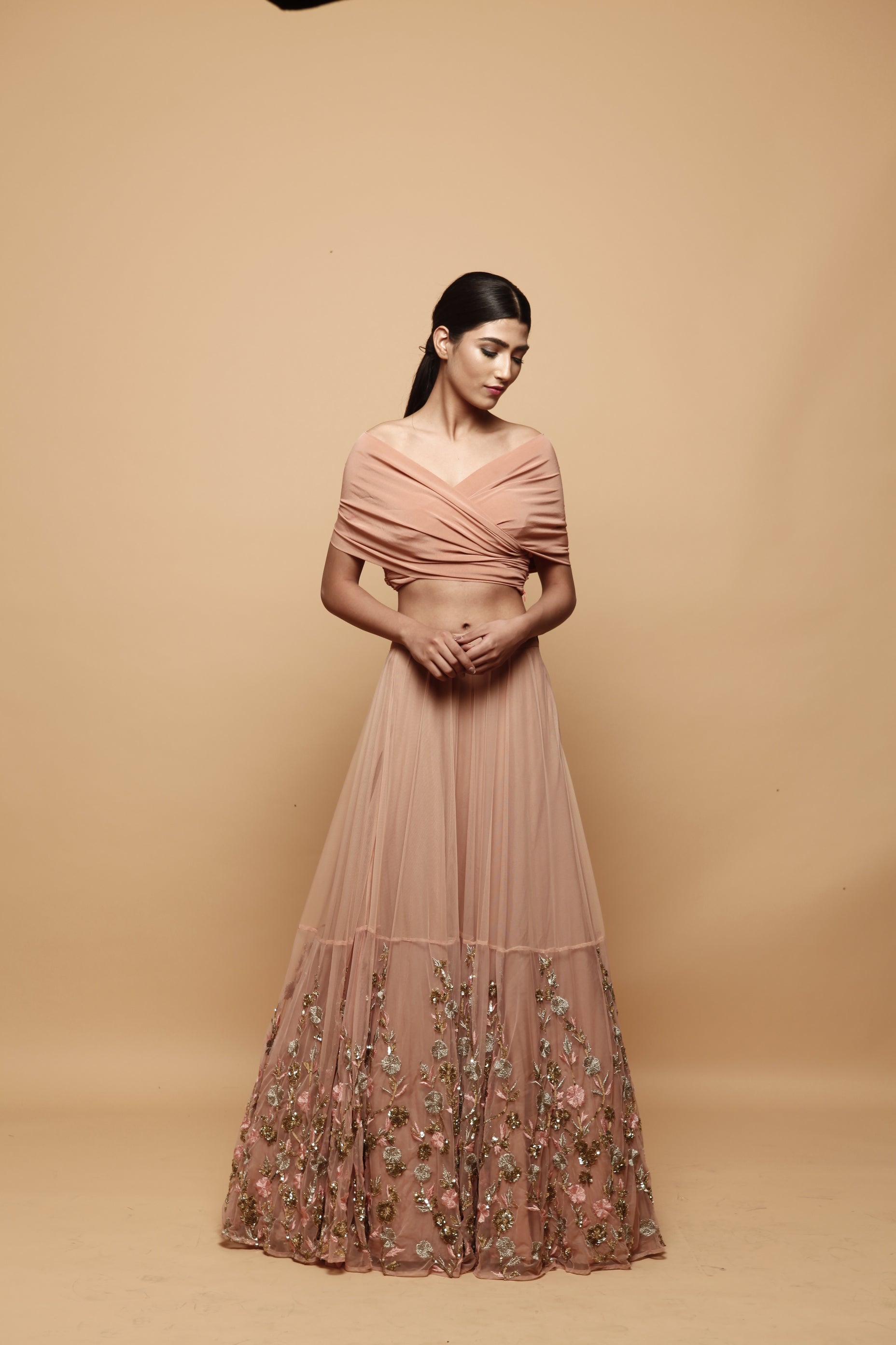 Off Shoulder Peach Lehenga