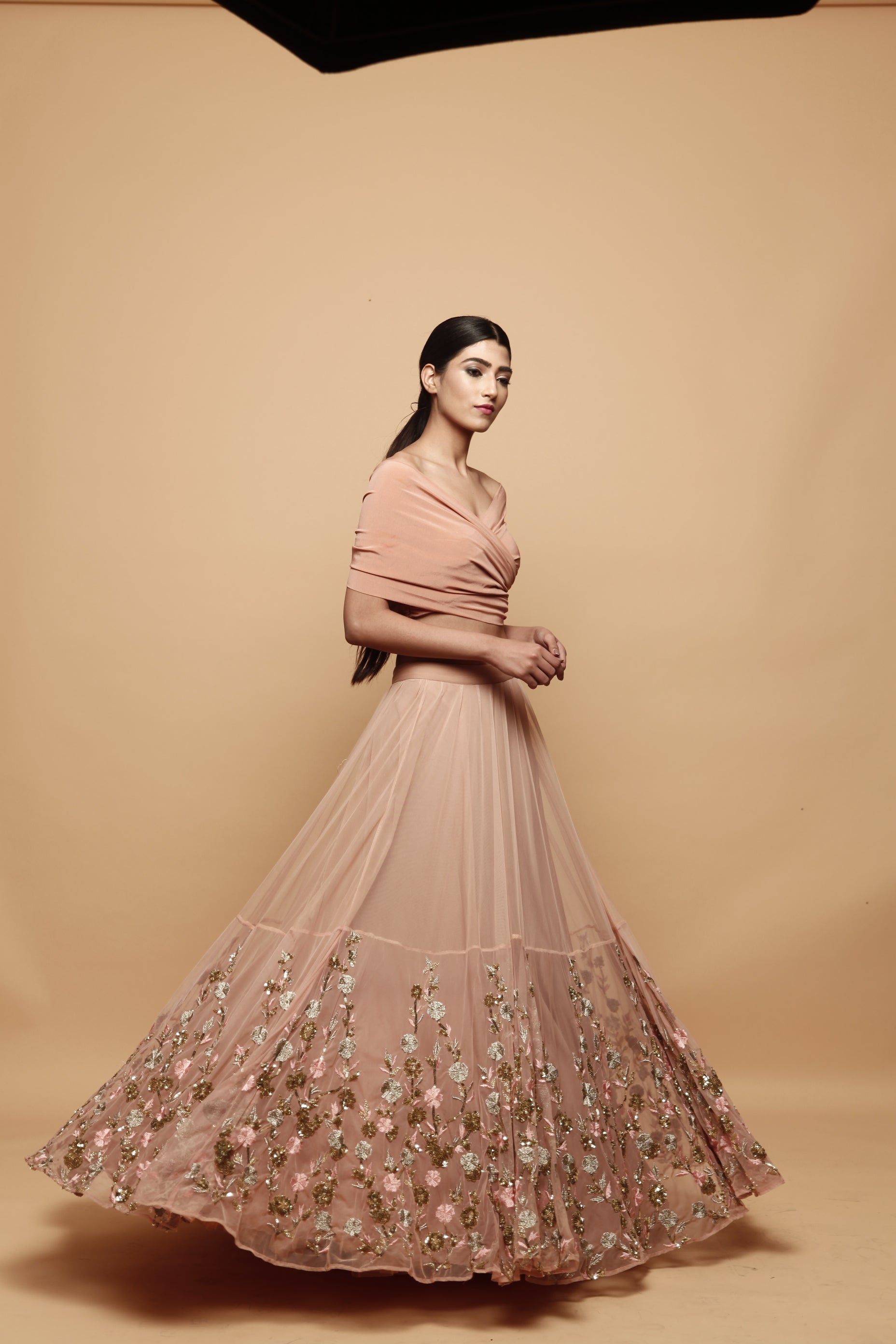 Off Shoulder Peach Lehenga