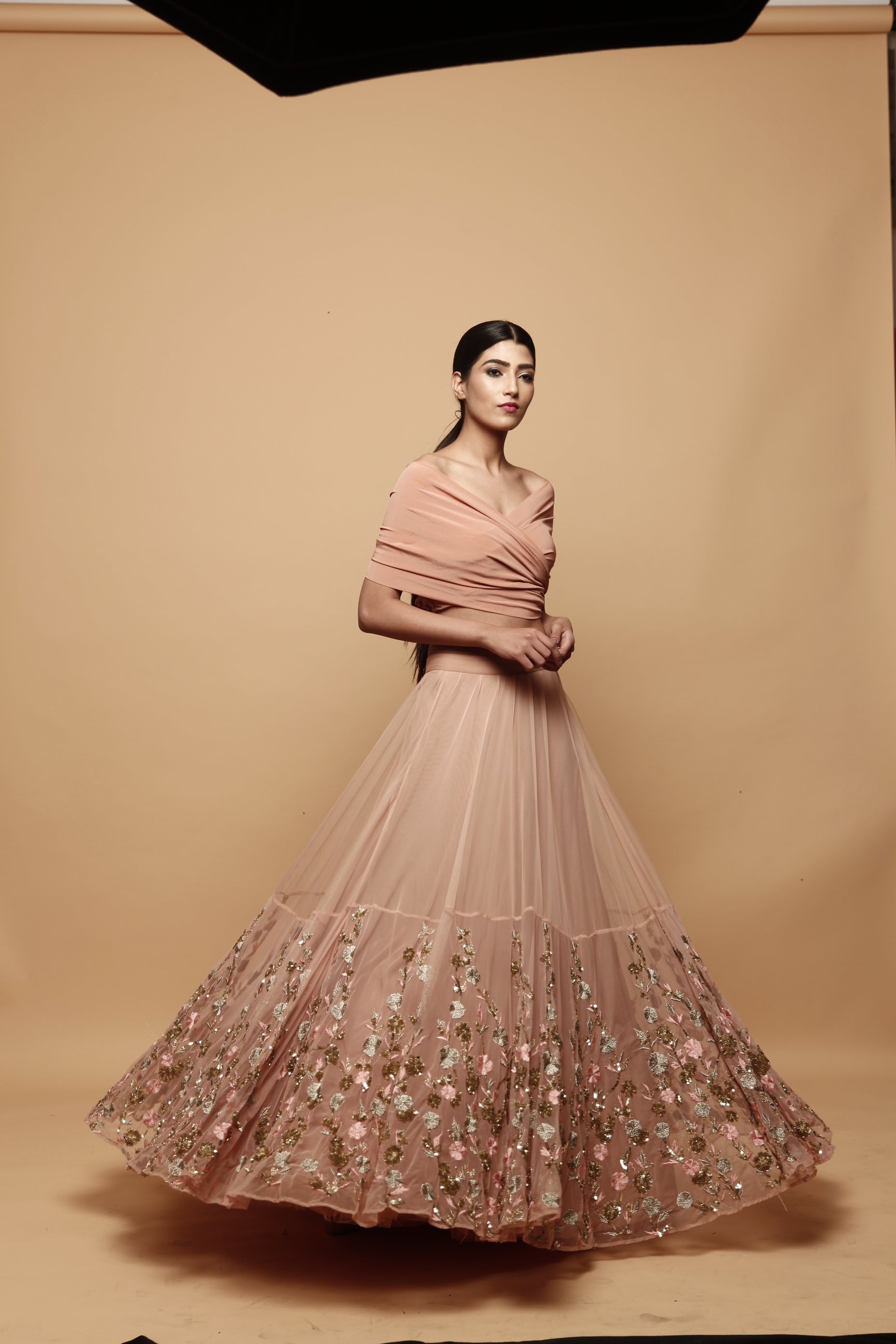 Off Shoulder Peach Lehenga