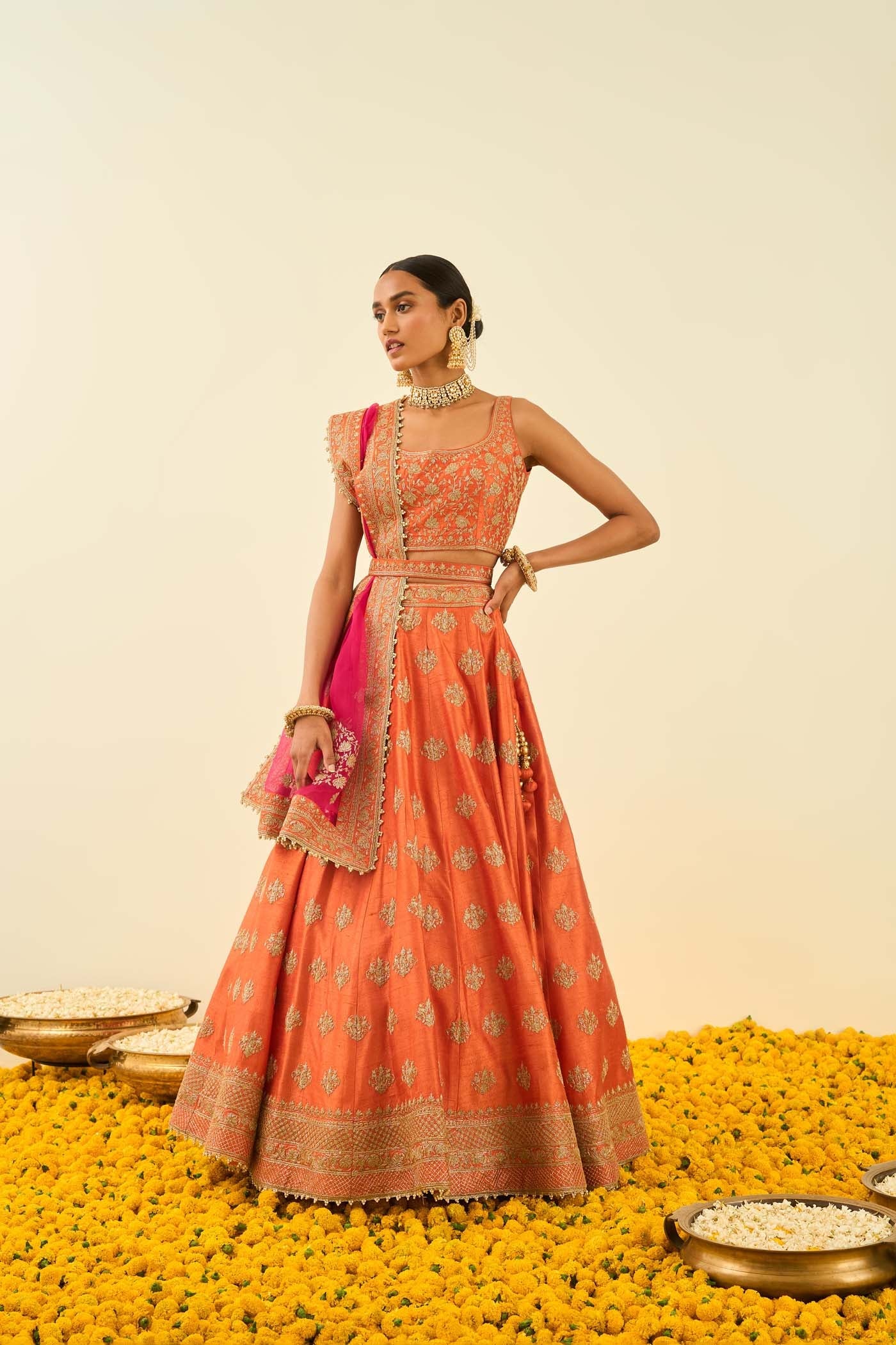 Mahira Orange Kashmiri tilla lehenga with blouse and dupatta
