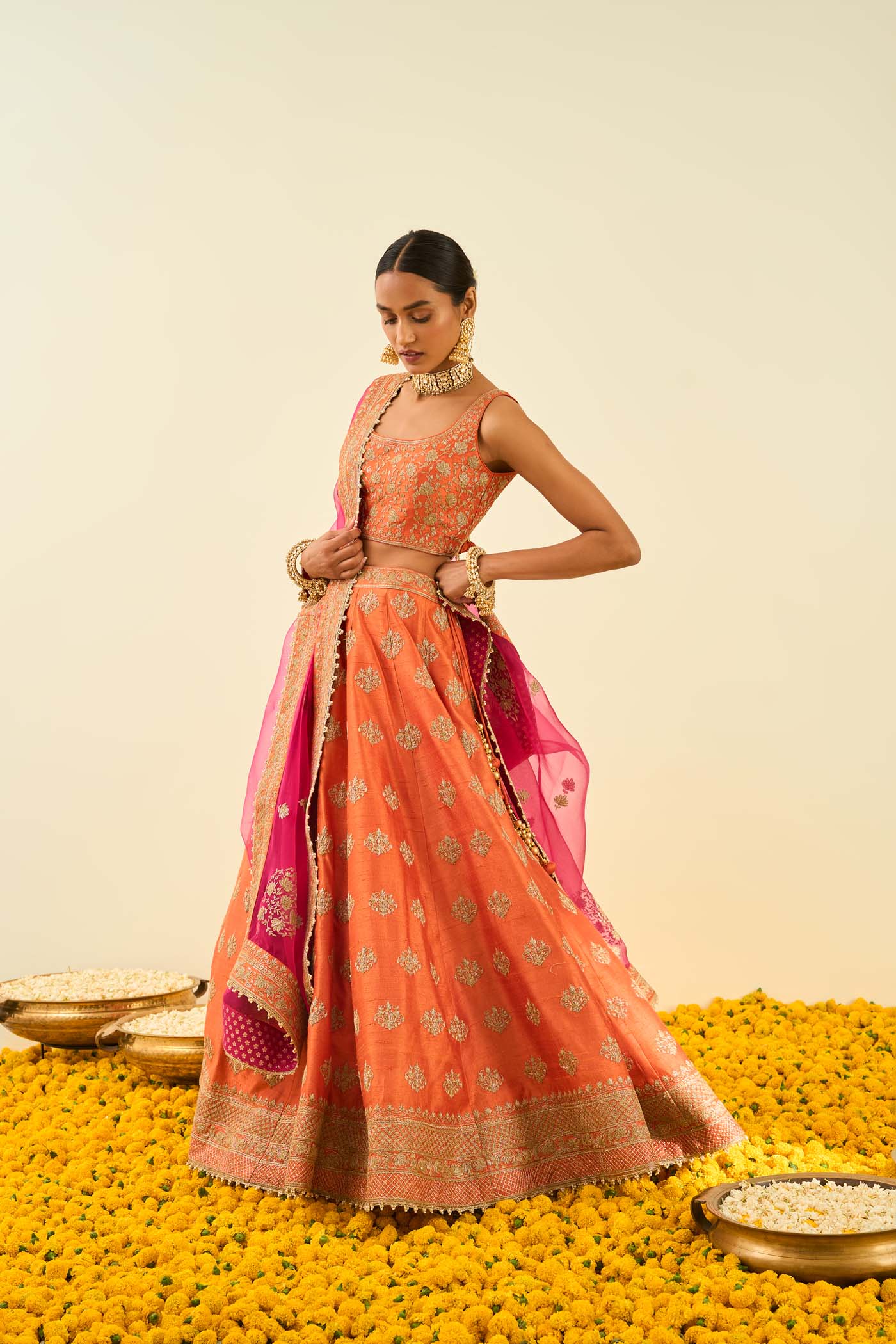 Mahira Orange Kashmiri tilla lehenga with blouse and dupatta