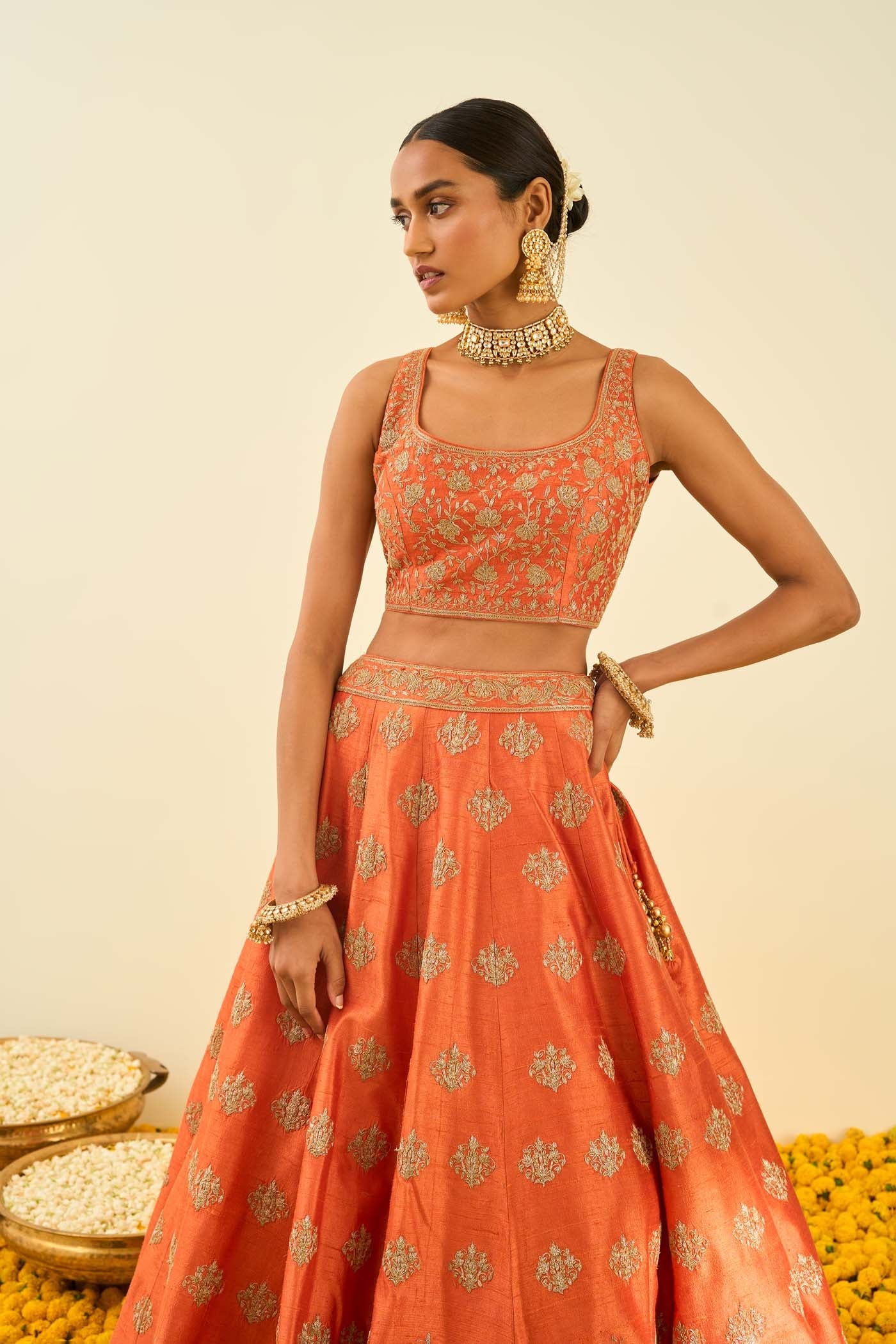 Mahira Orange Kashmiri tilla lehenga with blouse and dupatta