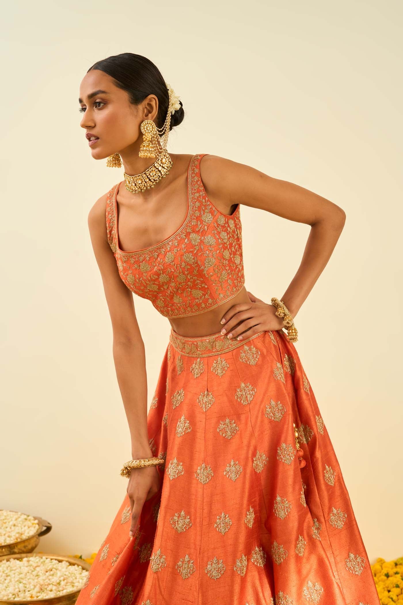 Mahira Orange Kashmiri tilla lehenga with blouse and dupatta