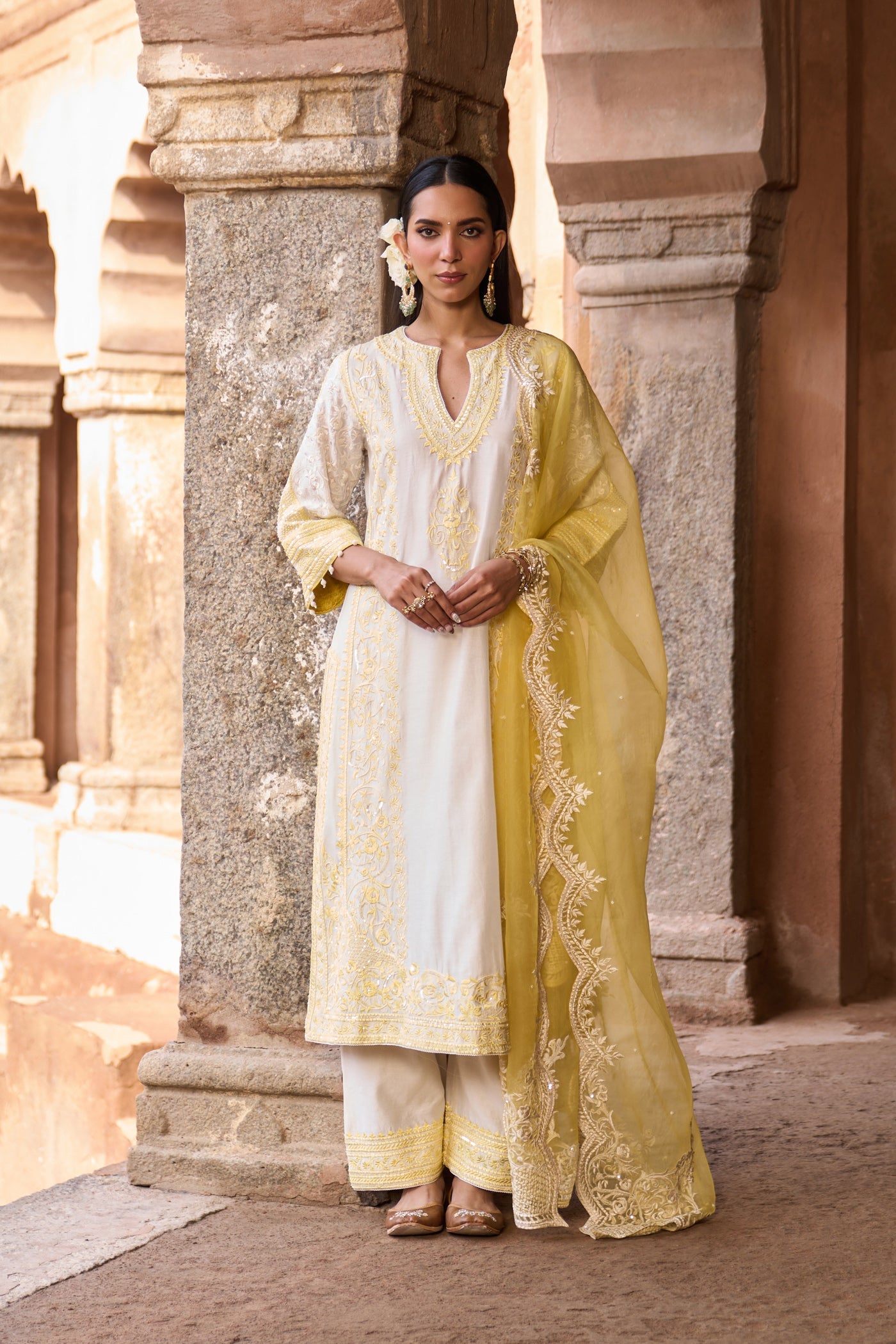NURVI - DAISY IVORY WITH LEMON YELLOW LONG A-LINE KURTA WITH PALAZZO AND DUPATTA