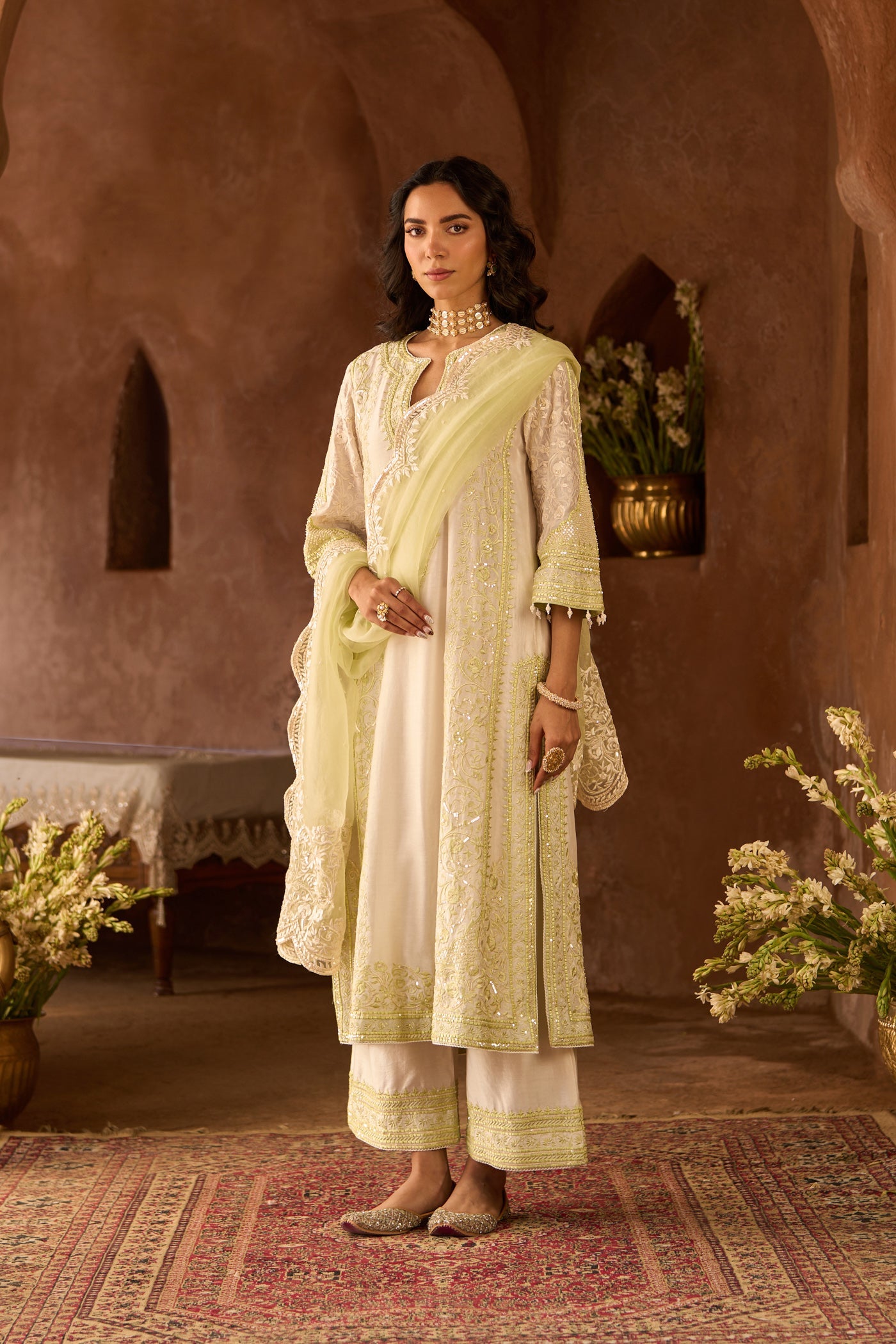 NURVI - DAISY IVORY WITH MINT GREEN LONG A-LINE KURTA WITH PALAZZO AND DUPATTA