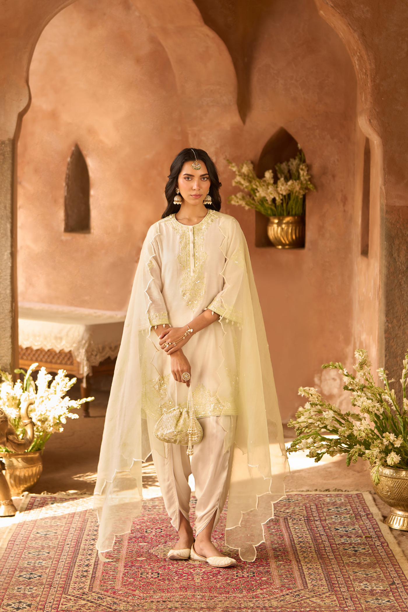 NYRA - DAISY IVORY WITH MINT GREEN SHORT KURTA AND DHOTI
