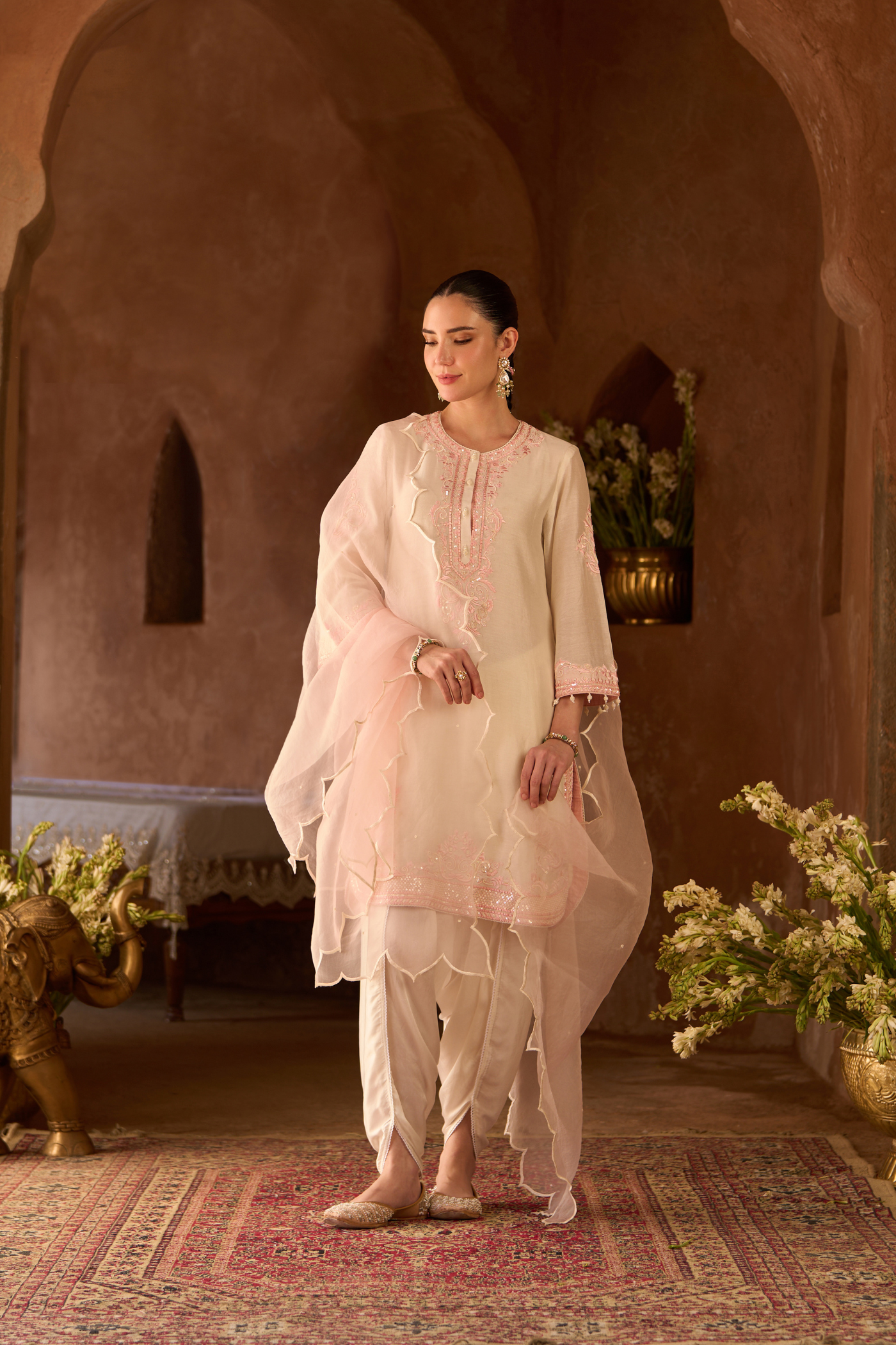 NYRA - DAISY IVORY WITH PINK SHORT KURTA AND DHOTI