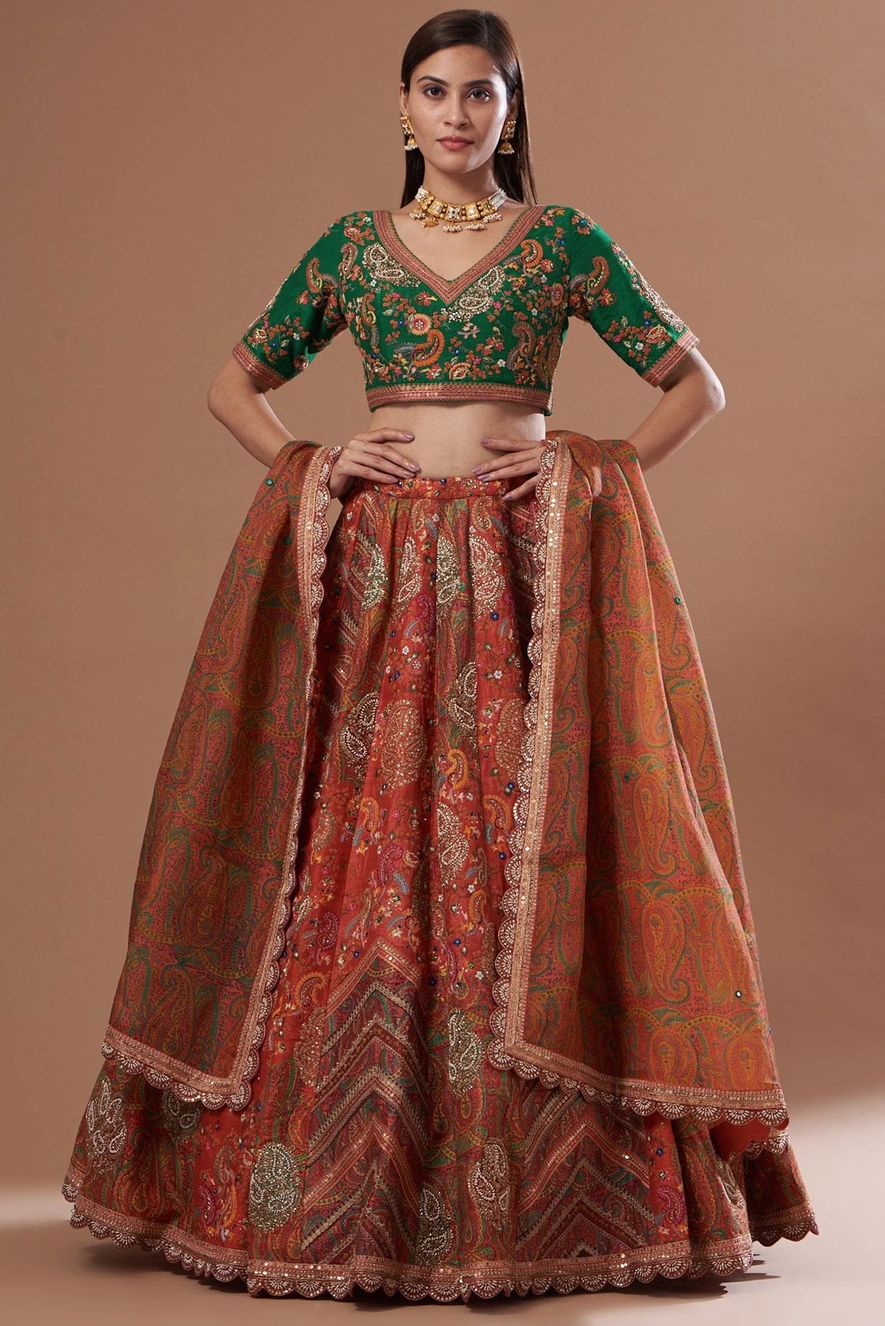 Orange Printed Lehenga Set