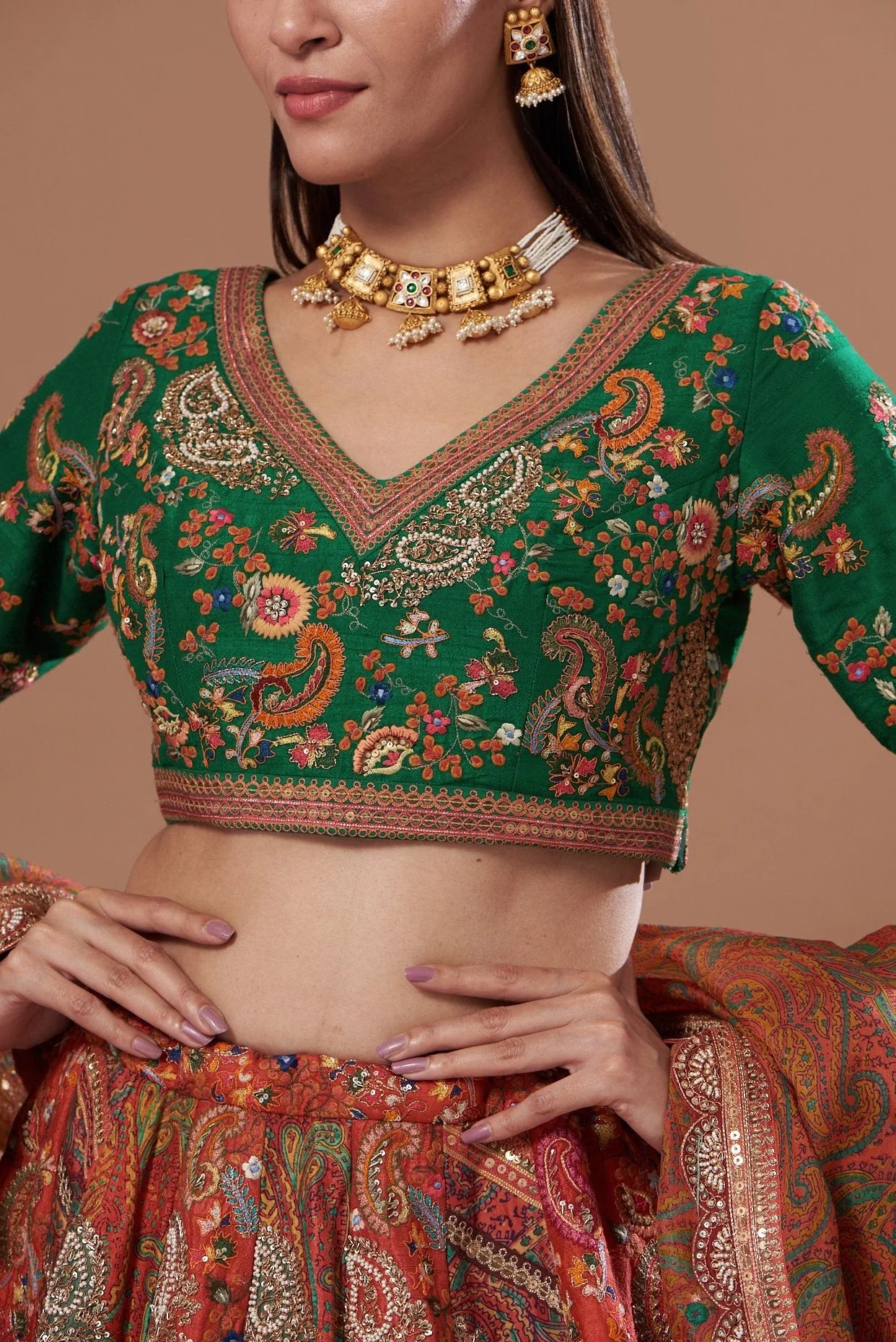 Orange Printed Lehenga Set