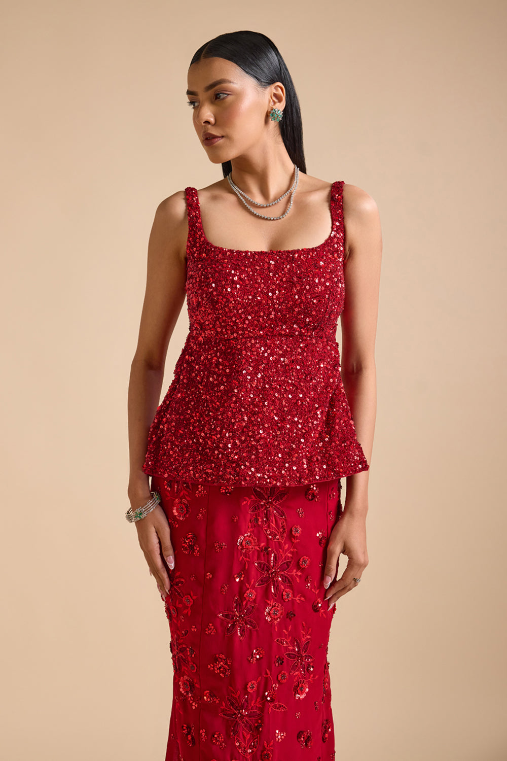 Peplum Top and Slit Skirt Set