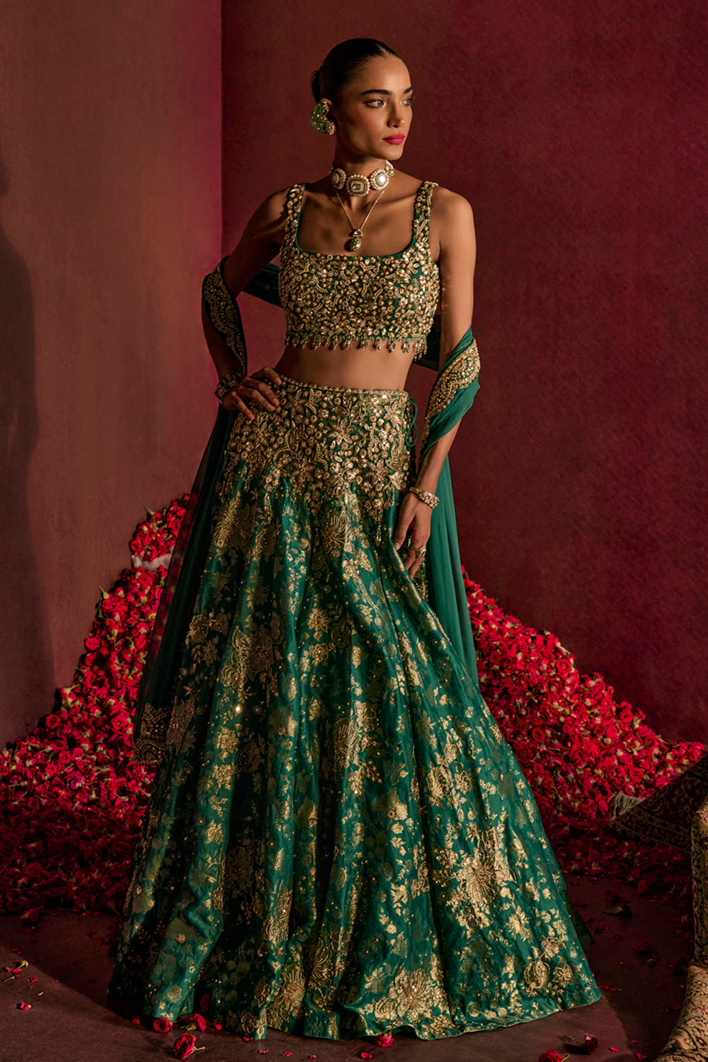 Teal Broad Belt Brocade Lehenga Set