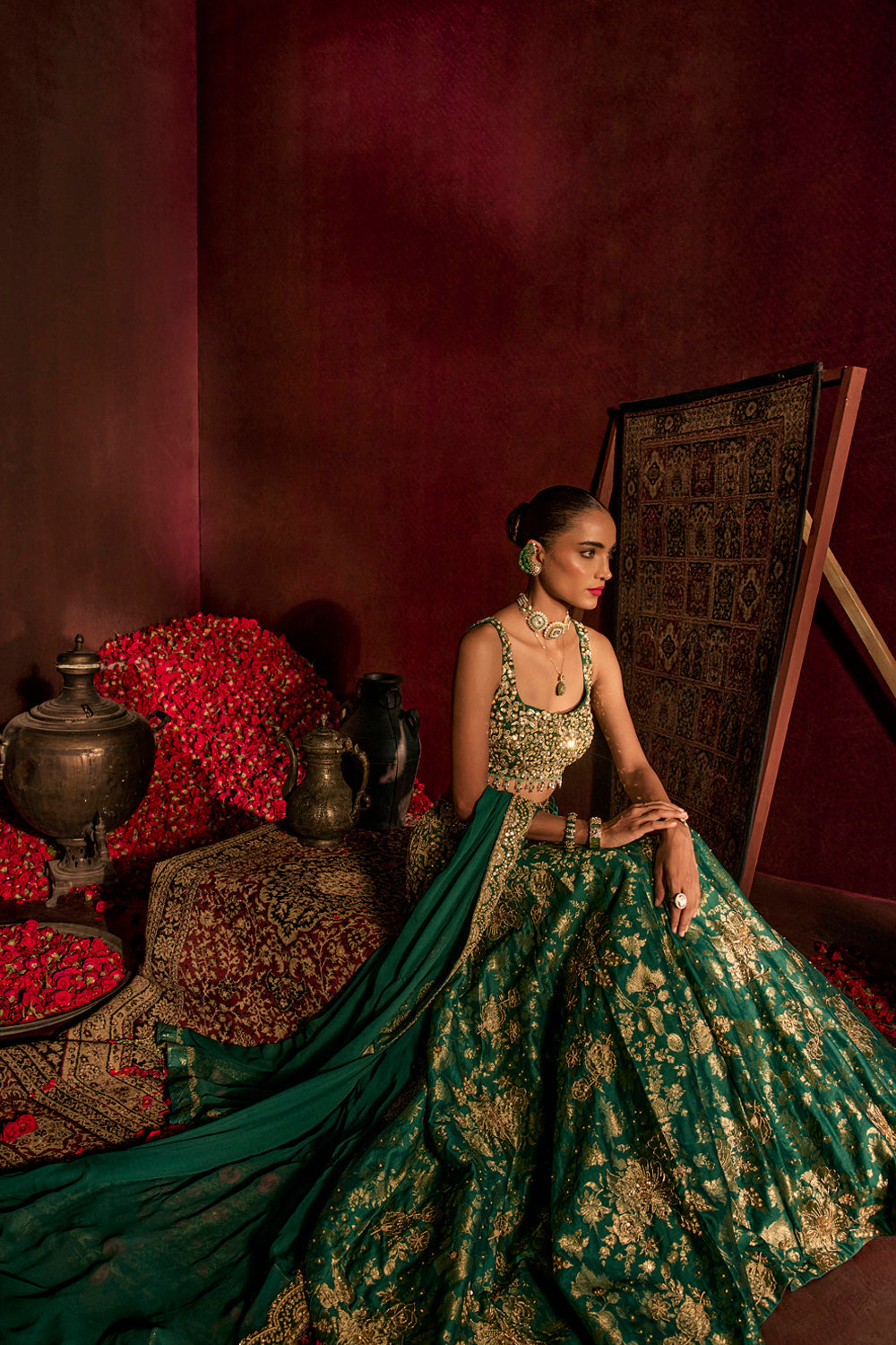 Teal Broad Belt Brocade Lehenga Set